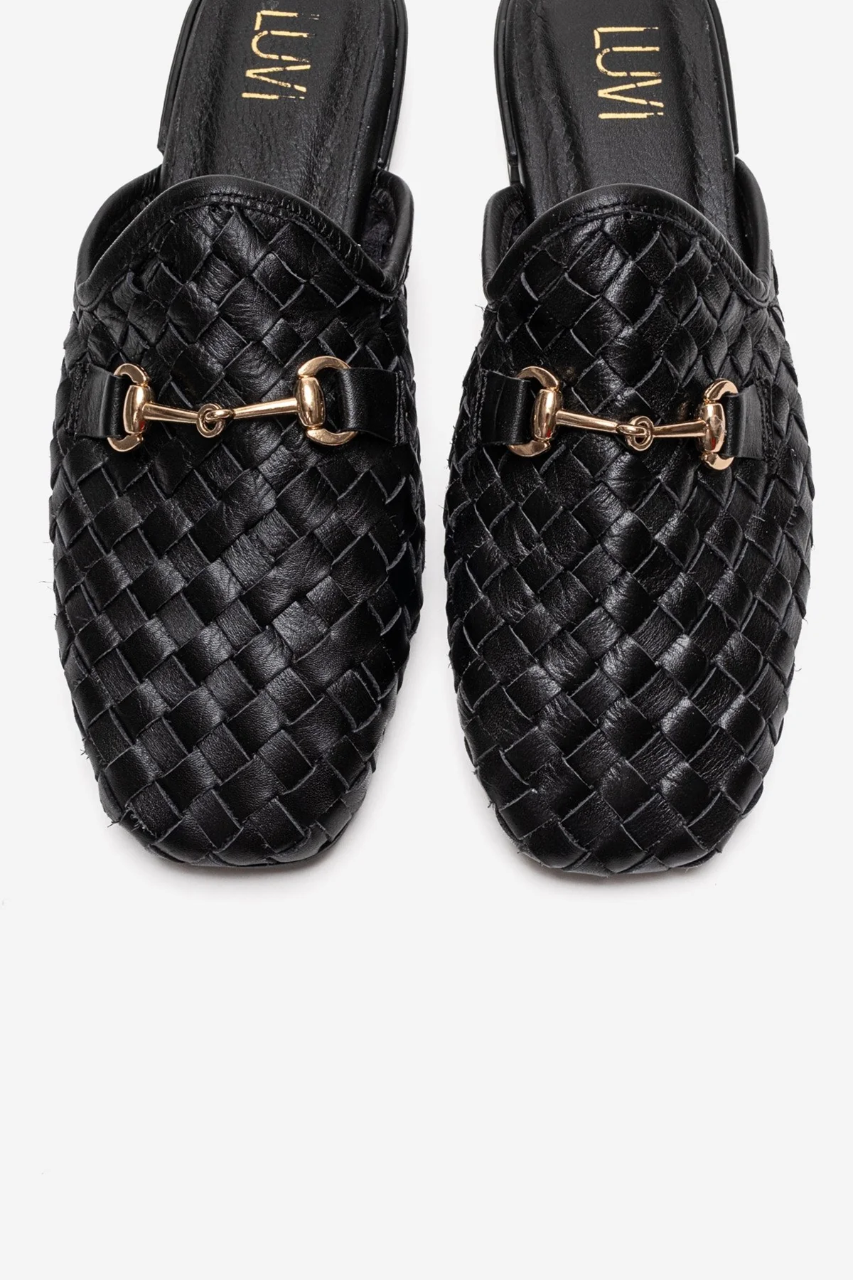 SENIA - Black Woven Genuine Leather Buckled Closed-Toe Mule (Women) - Image 2