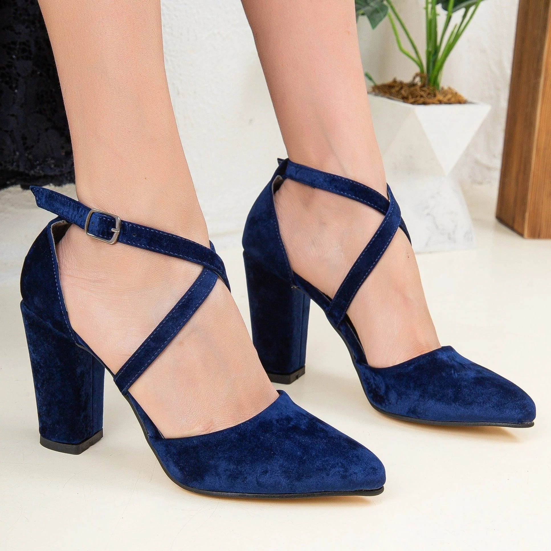 Sina - Dark Blue Velvet Criss Cross Heels - Image 3