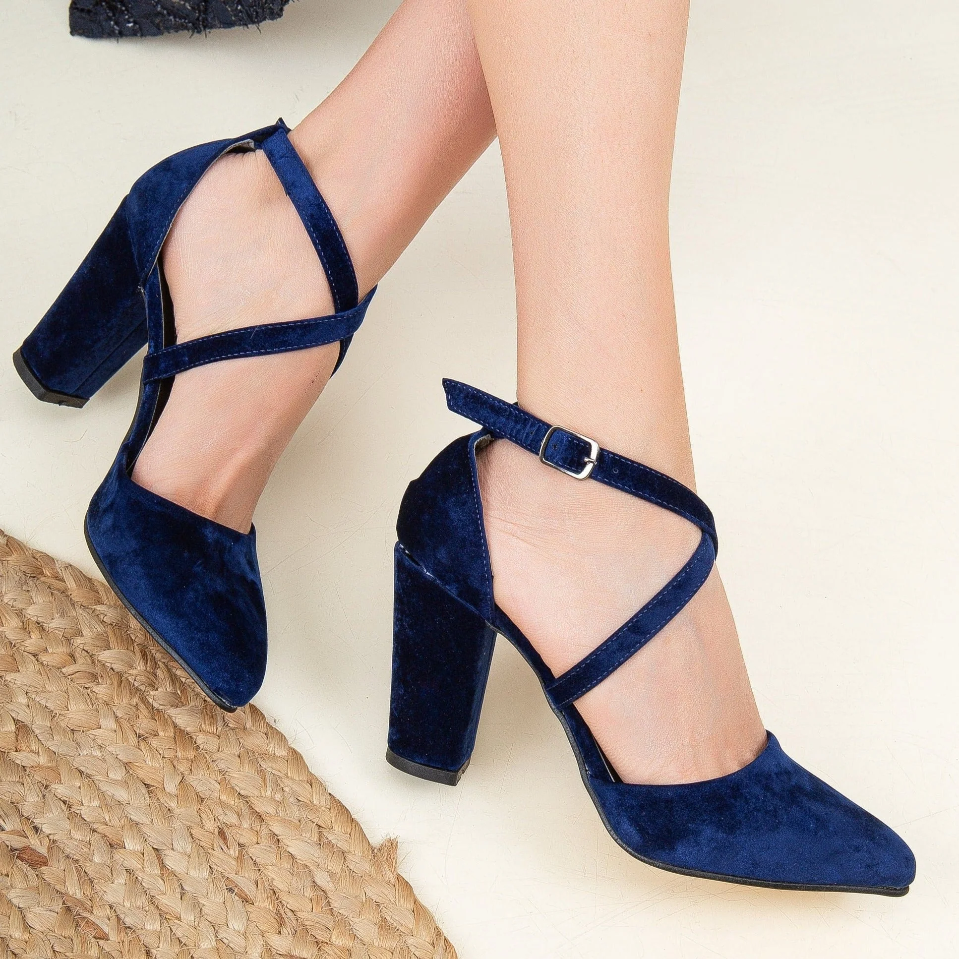 Sina - Dark Blue Velvet Criss Cross Heels - Image 4