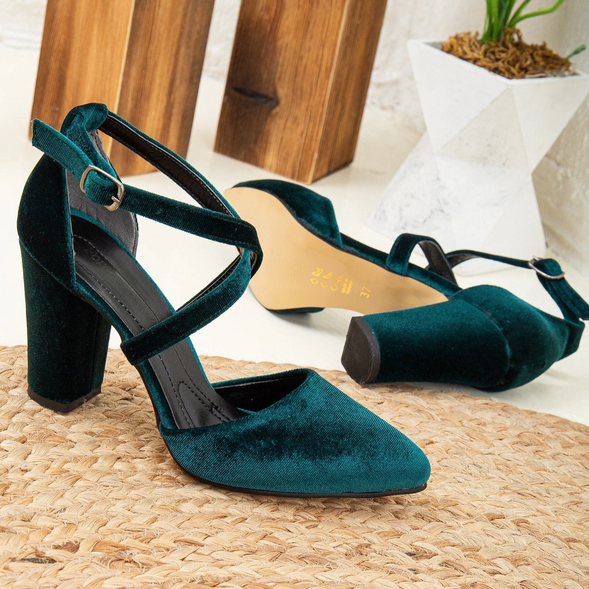 Sina - Emerald Green Velvet Heels - Image 2