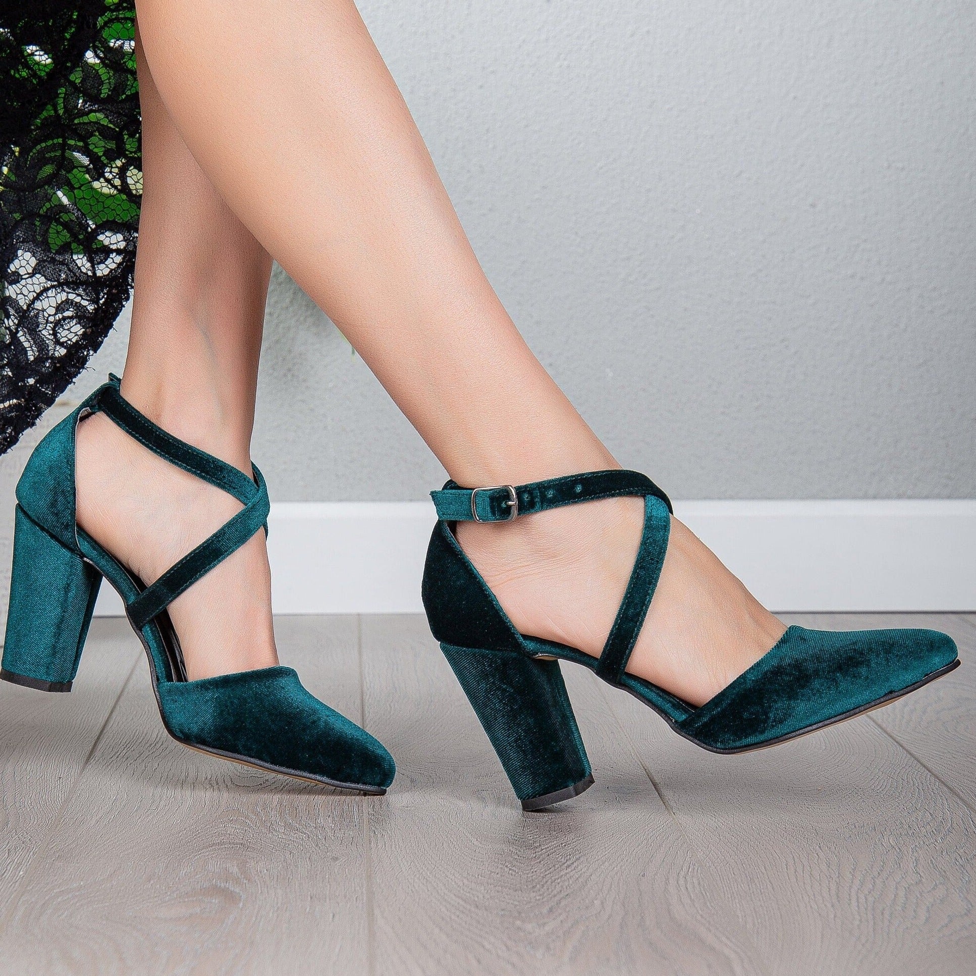 Sina - Emerald Green Velvet Heels - Image 3