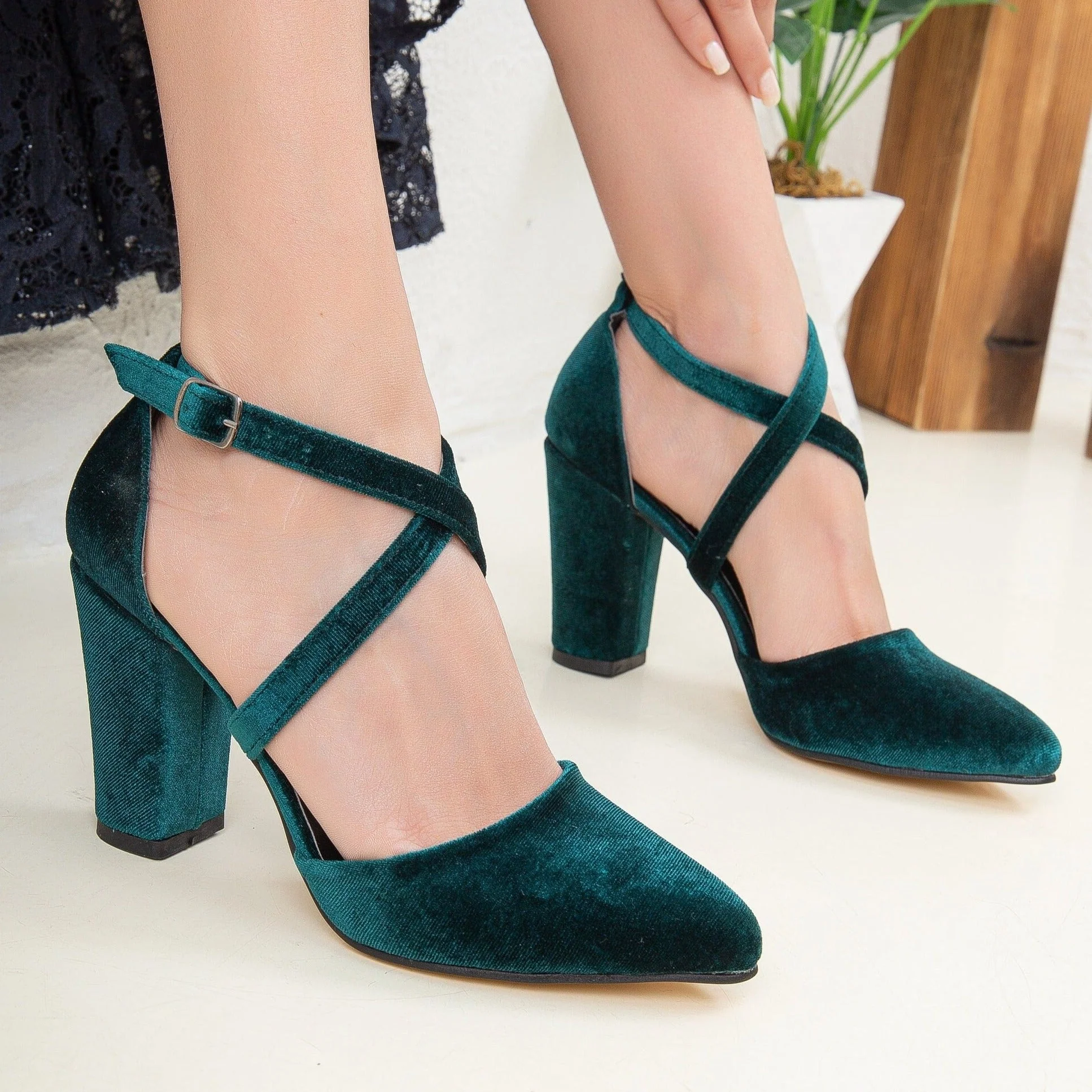 Sina - Emerald Green Velvet Heels - Image 4