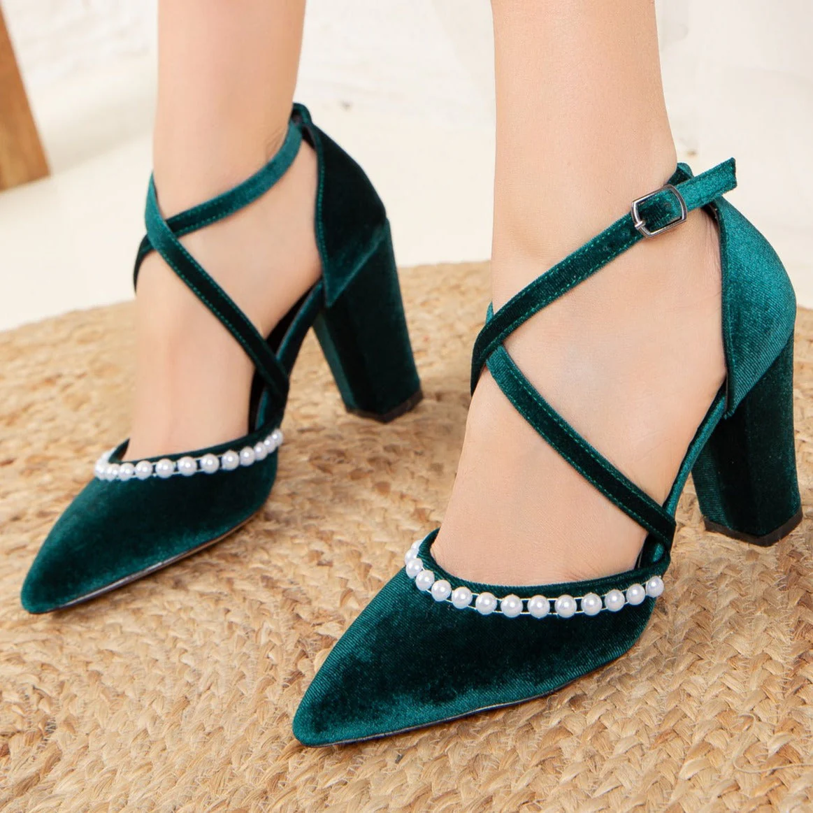 Sina - Green Velvet Pearl Heels - Image 4