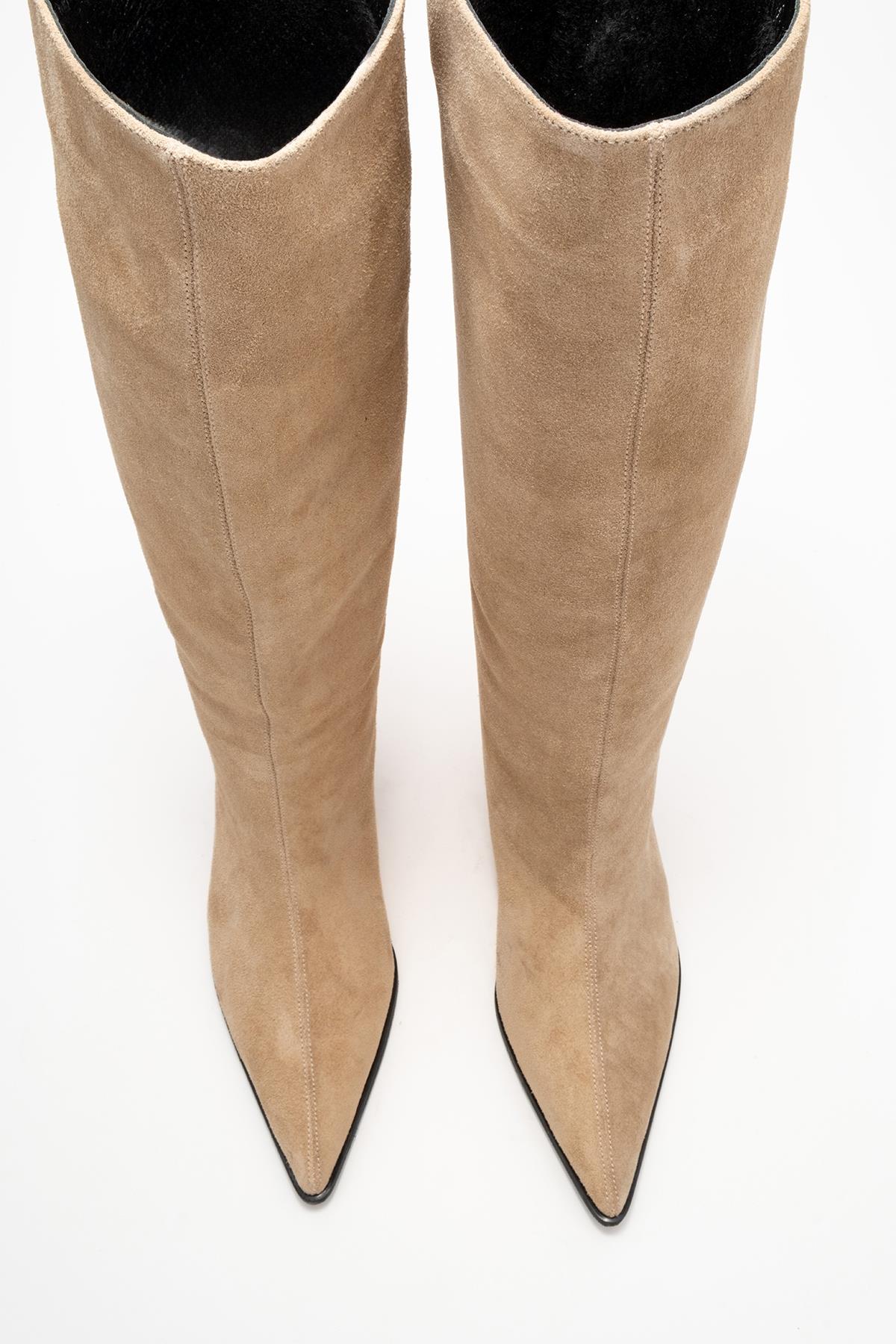 Siora - Beige Suede Genuine Leather Short Heel Boot (Women) - Image 2