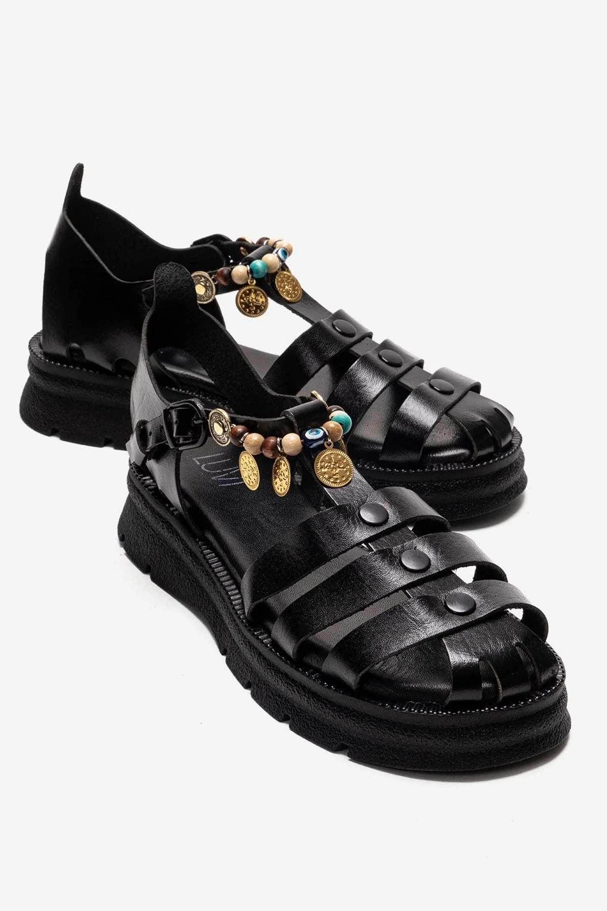 SOLIS - Black Genuine Leather Beaded Sandal (Women)