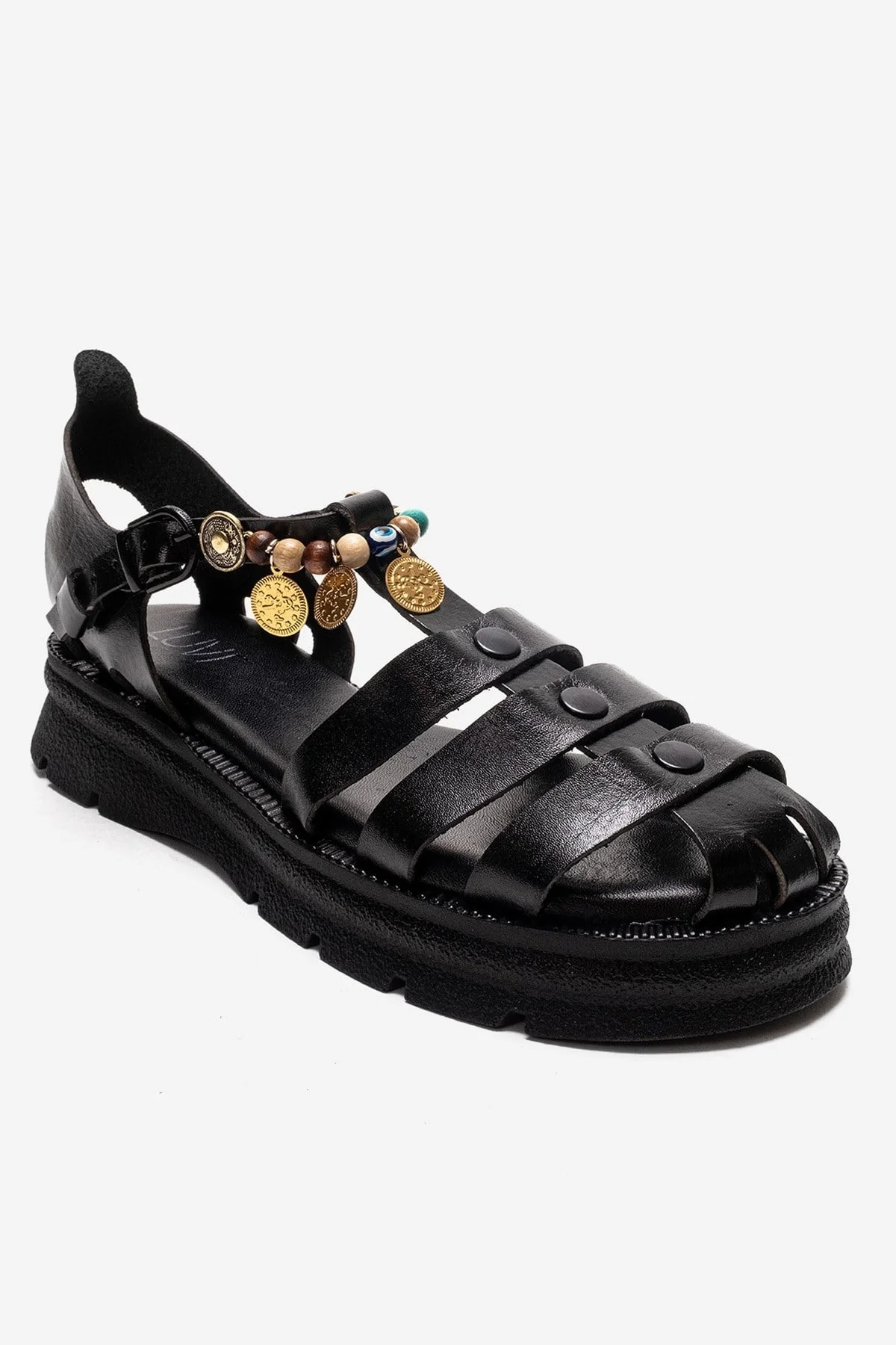 SOLIS - Black Genuine Leather Beaded Sandal (Women) - Image 3