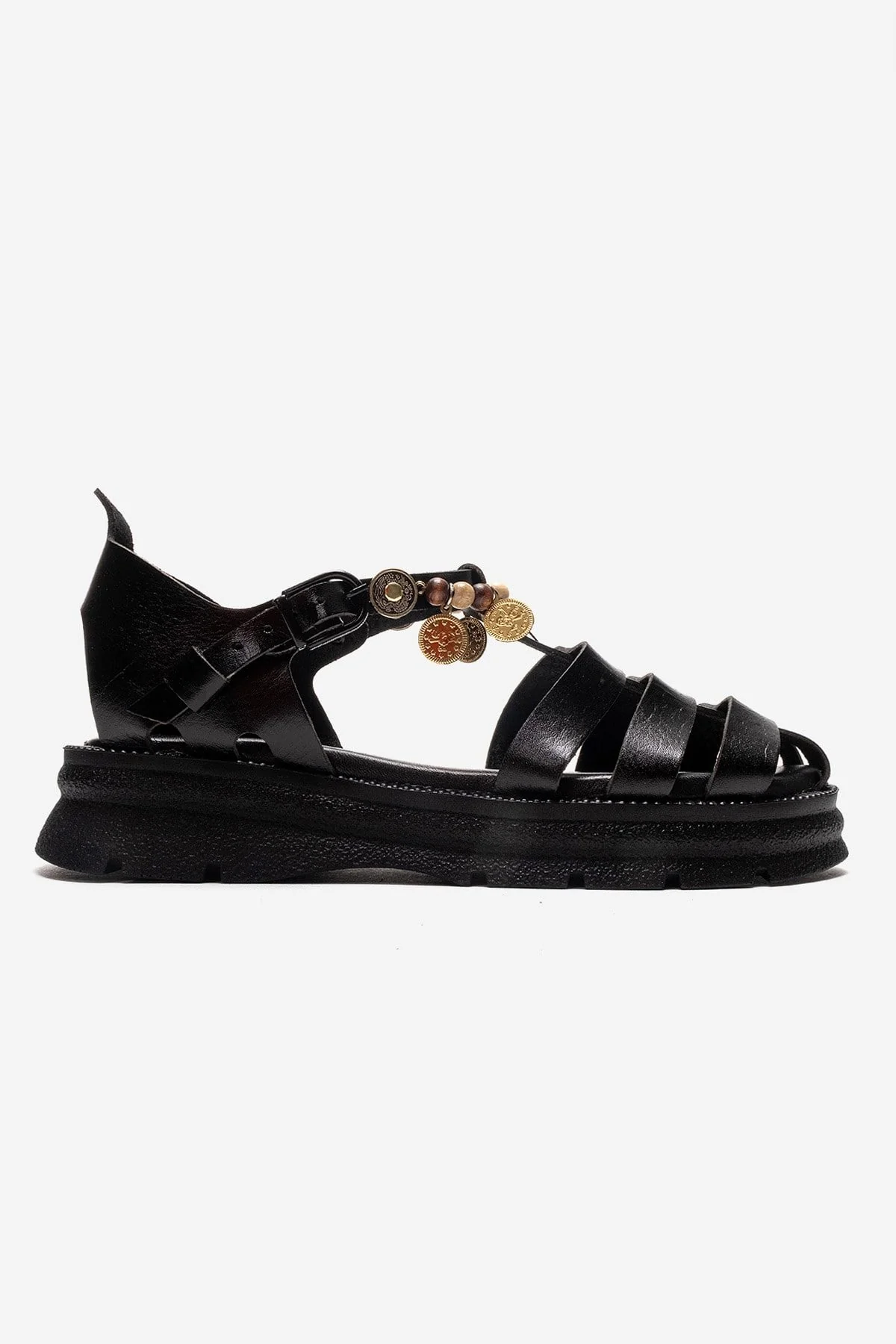 SOLIS - Black Genuine Leather Beaded Sandal (Women) - Image 4