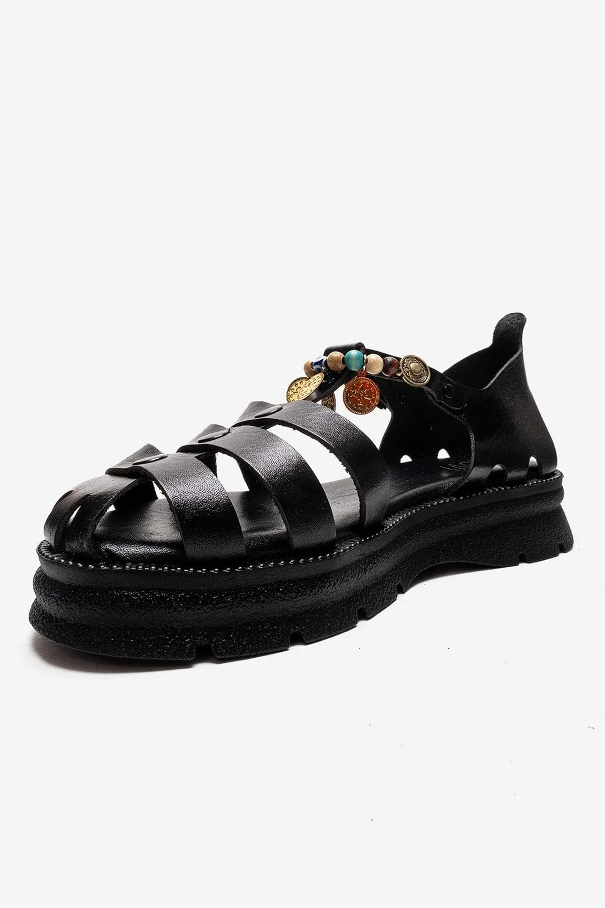 SOLIS - Black Genuine Leather Beaded Sandal (Women) - Image 6