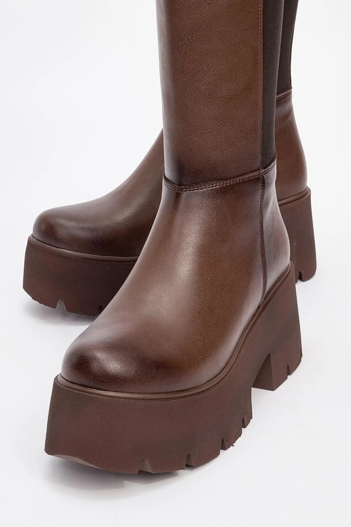 Solo - Brown Elastic Platform Heel Boot (Women) - Image 3