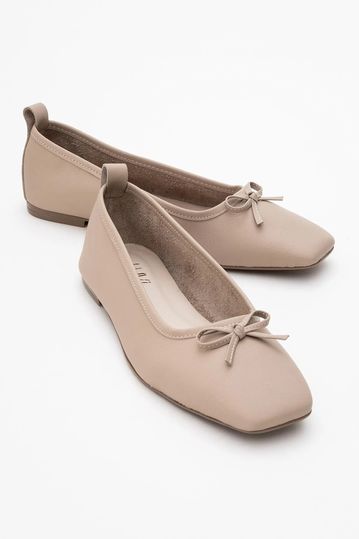 Sosa - Beige Genuine Leather Square-Toe Bow Ballet Flat (Women)
