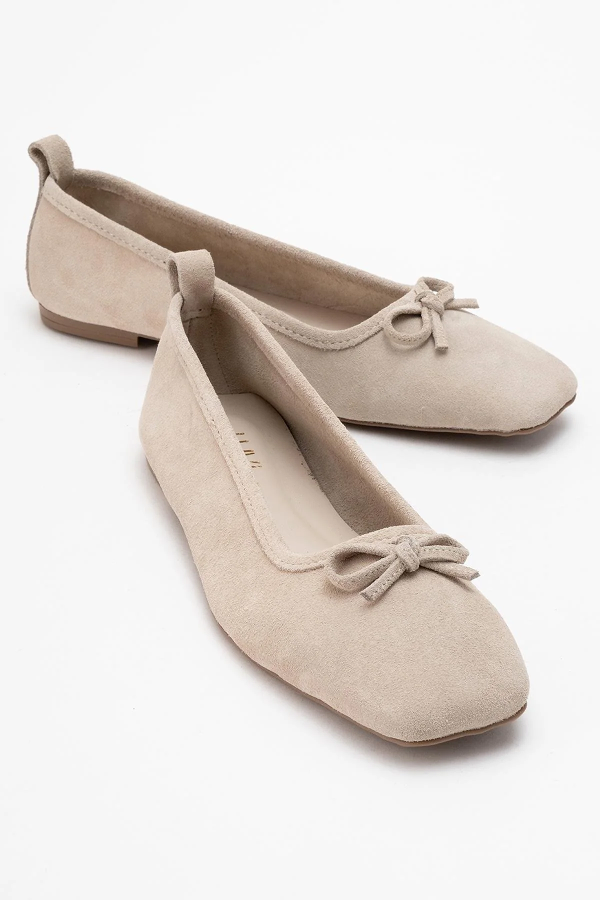 Sosa - Beige Suede Genuine Leather Square Toe Bow Ballet Flat (Women)