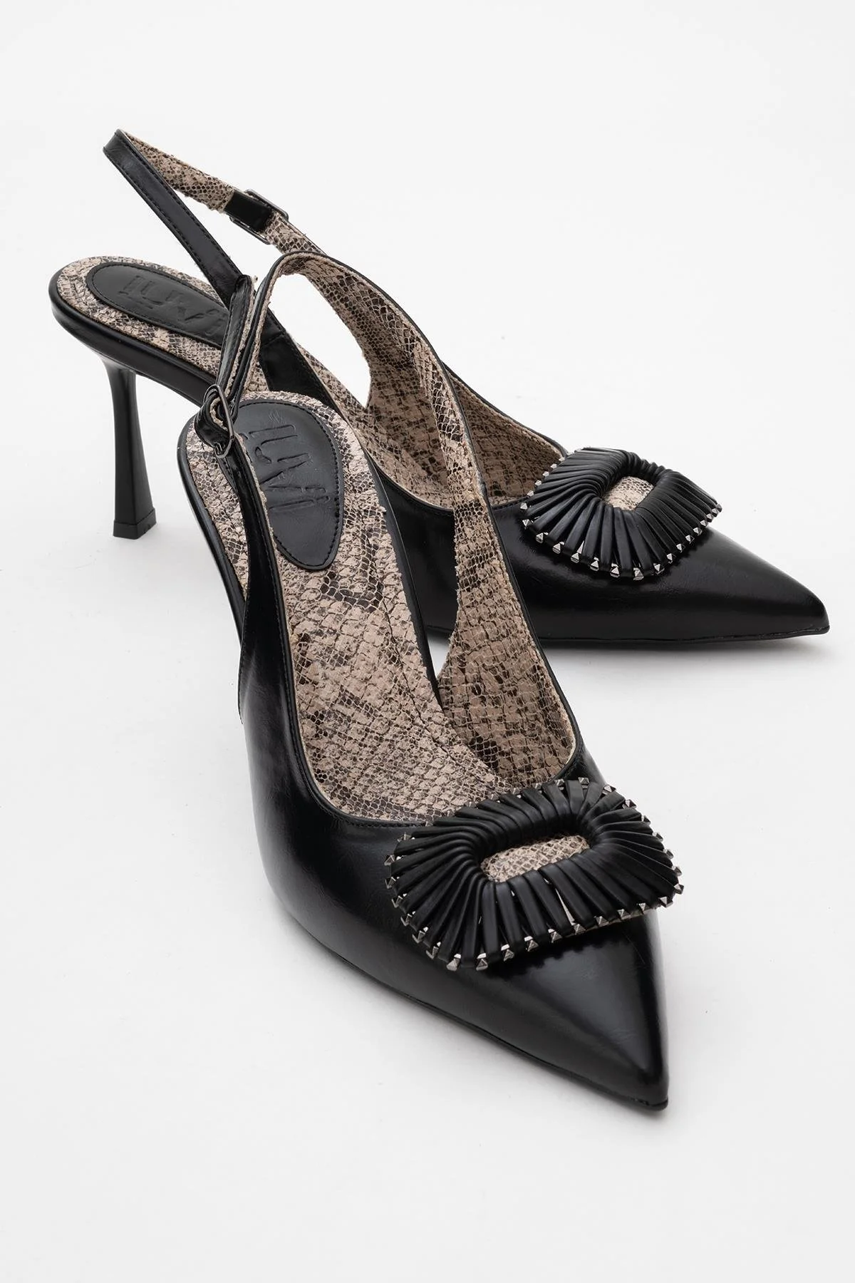 Spera - Black Patterned Buckle Slingback Stiletto (Women)