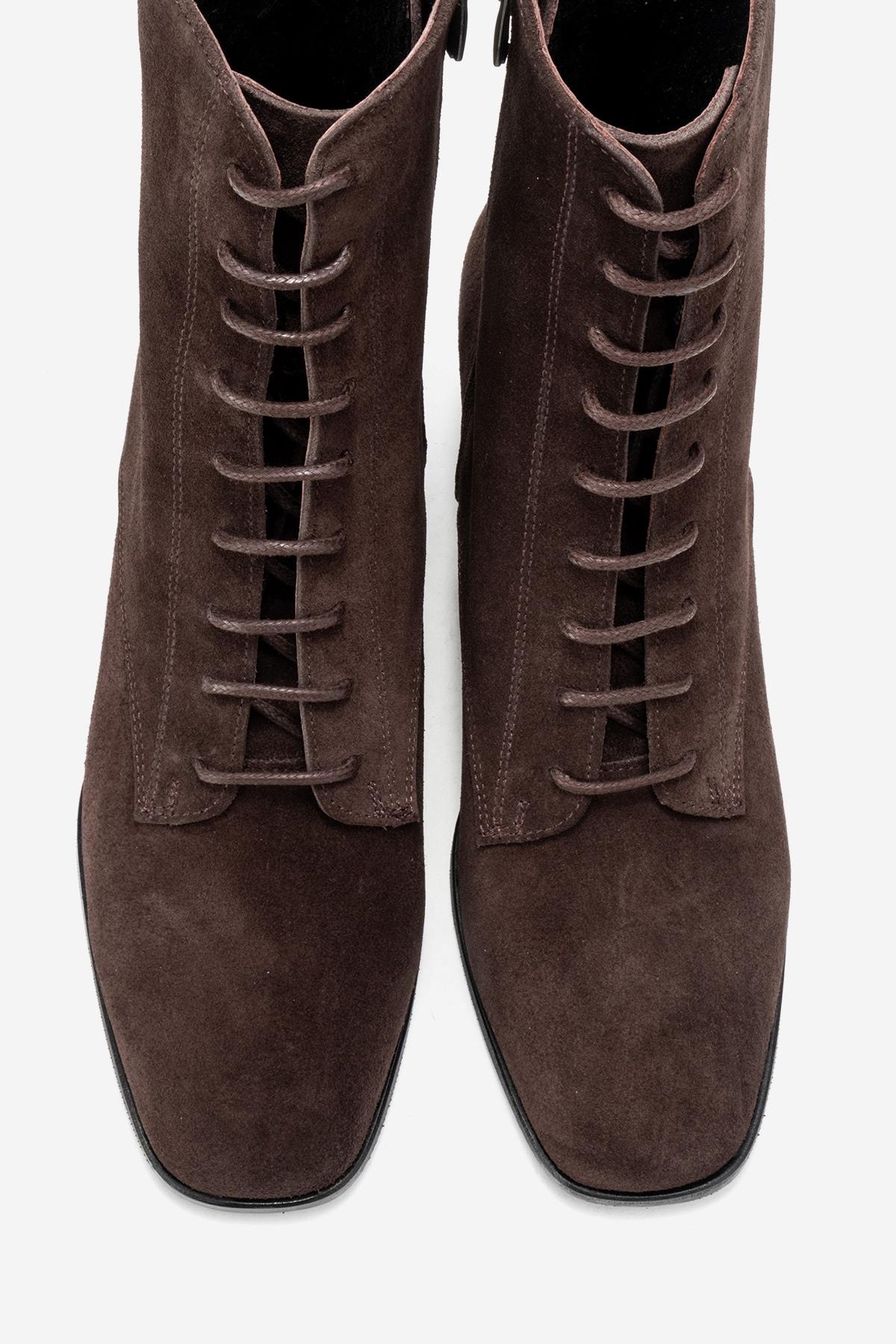SUDY - Brown Suede Genuine Leather Lace-Up Block Heel Boot (Women) - Image 2