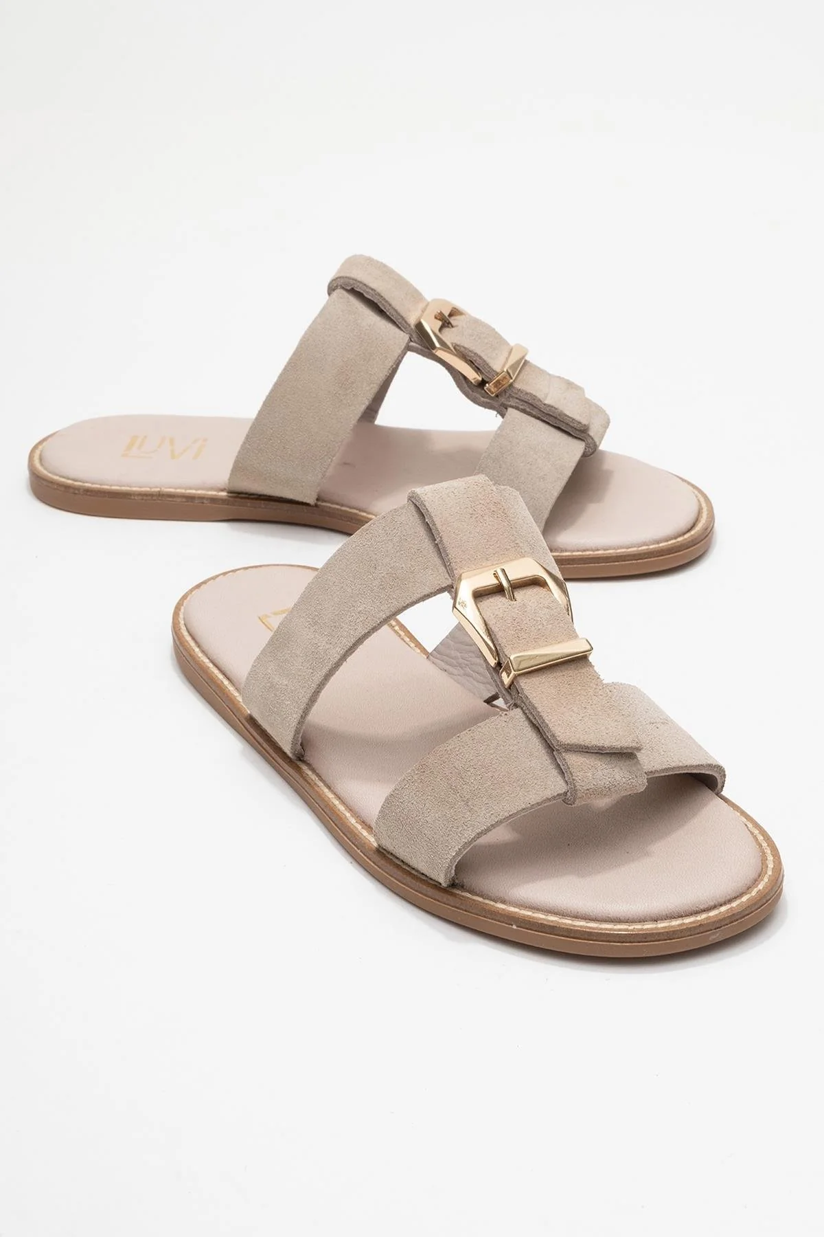 Sveta - Beige Suede Buckled Genuine Leather Slipper (Women)