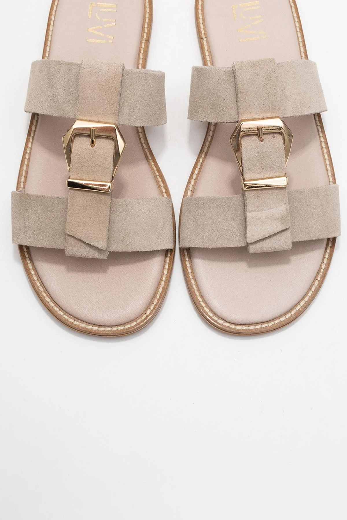 Sveta - Beige Suede Buckled Genuine Leather Slipper (Women) - Image 2