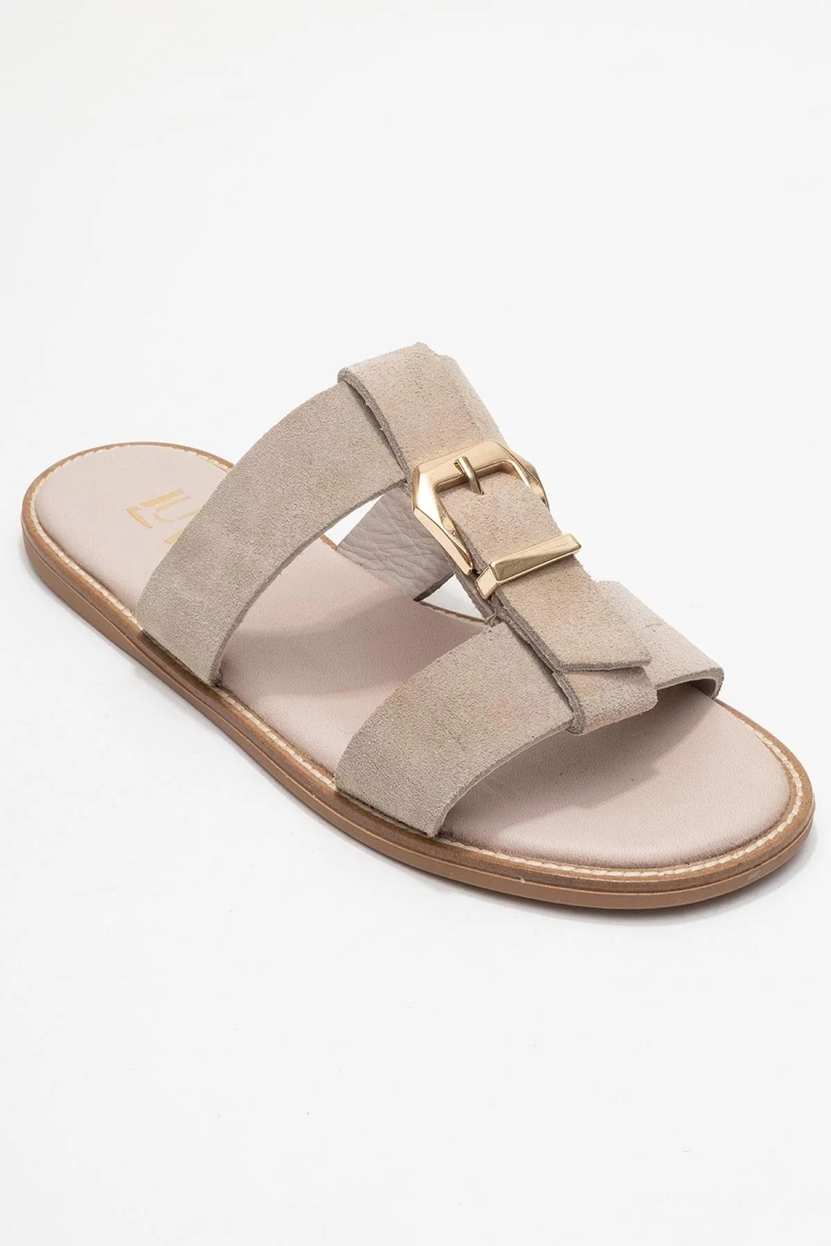Sveta - Beige Suede Buckled Genuine Leather Slipper (Women) - Image 3