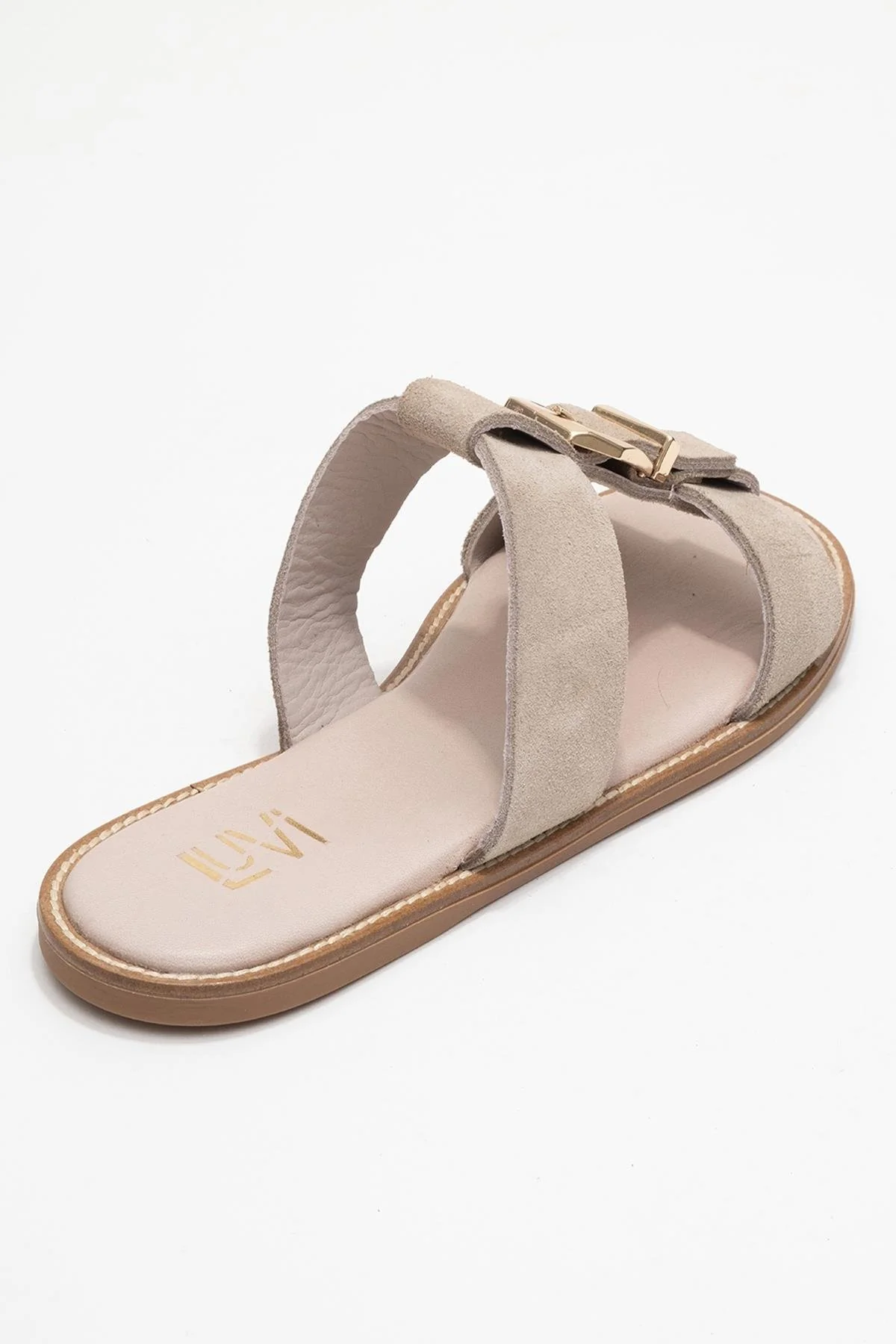 Sveta - Beige Suede Buckled Genuine Leather Slipper (Women) - Image 5