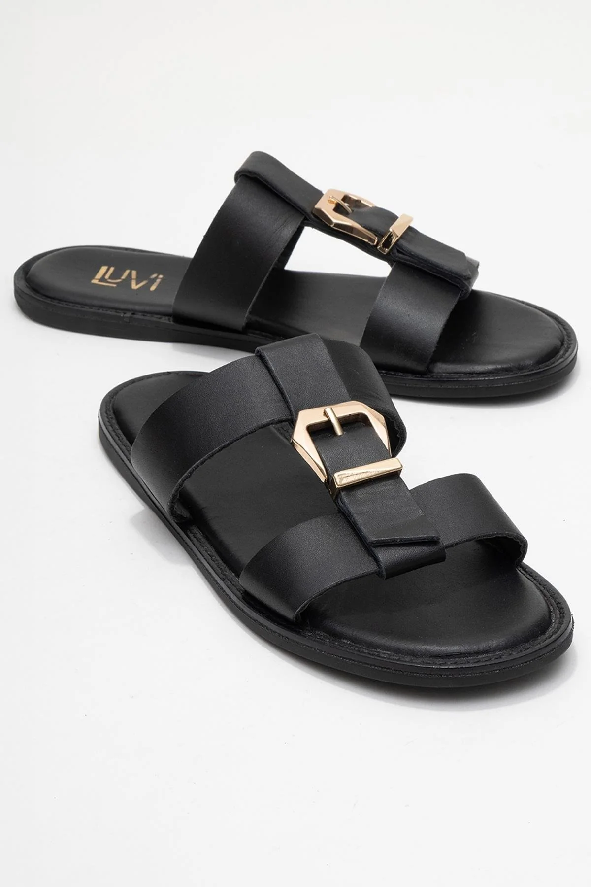 Sveta - Black Genuine Leather Buckle Slide (Women)