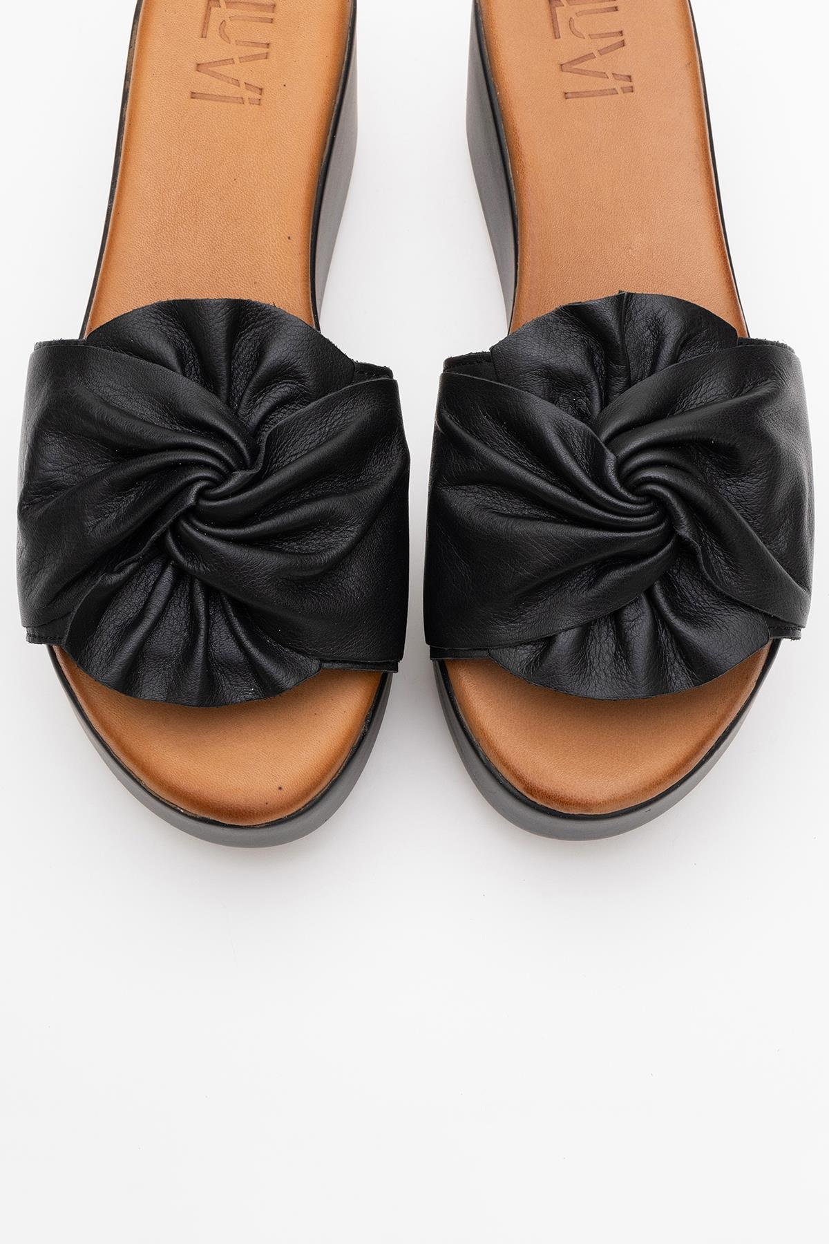 Syndra - Black Bow Wedge Leather Sandal (Women) - Image 2