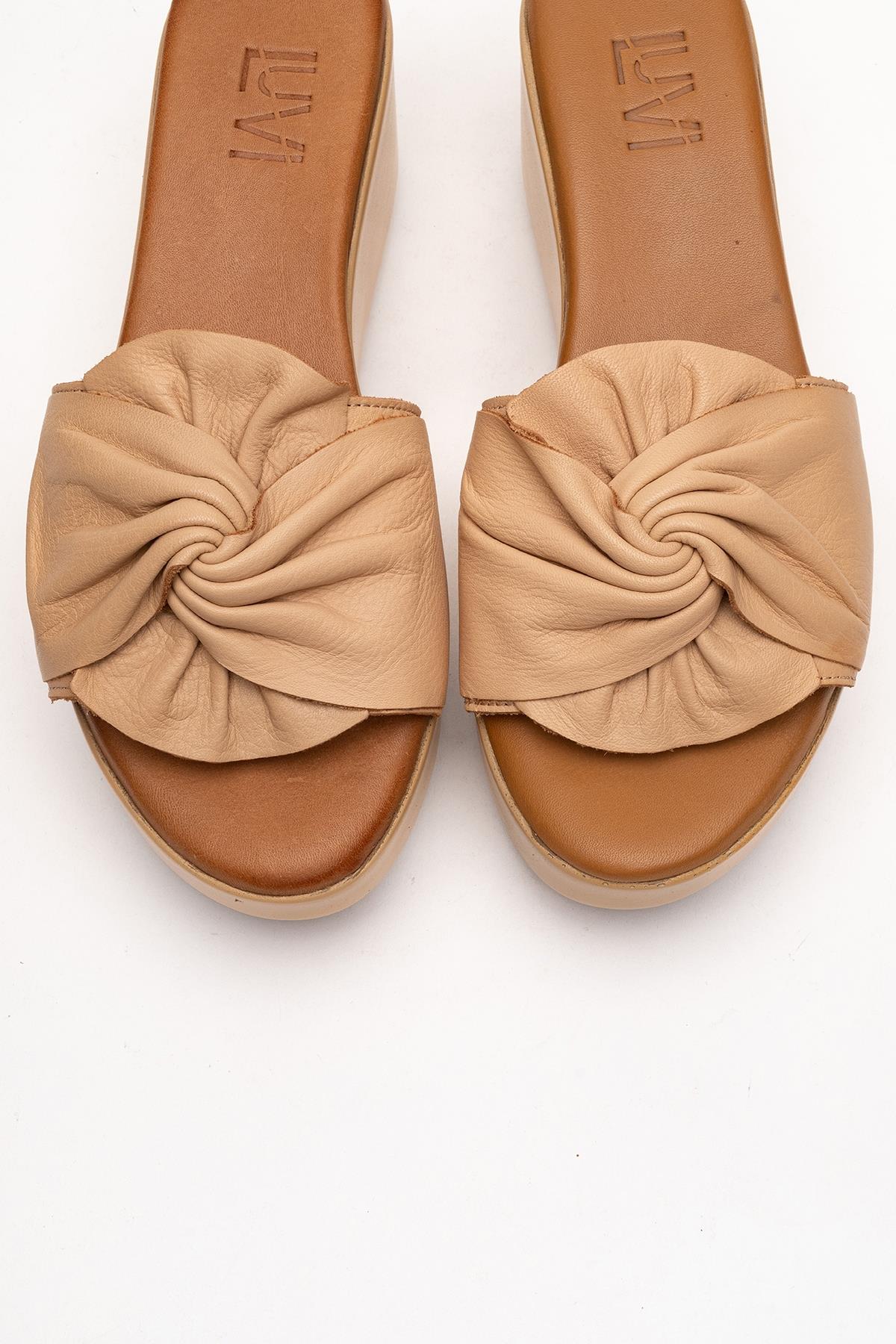 Syndra - Dark Beige Bow Wedge Leather Sandal (Women) - Image 2