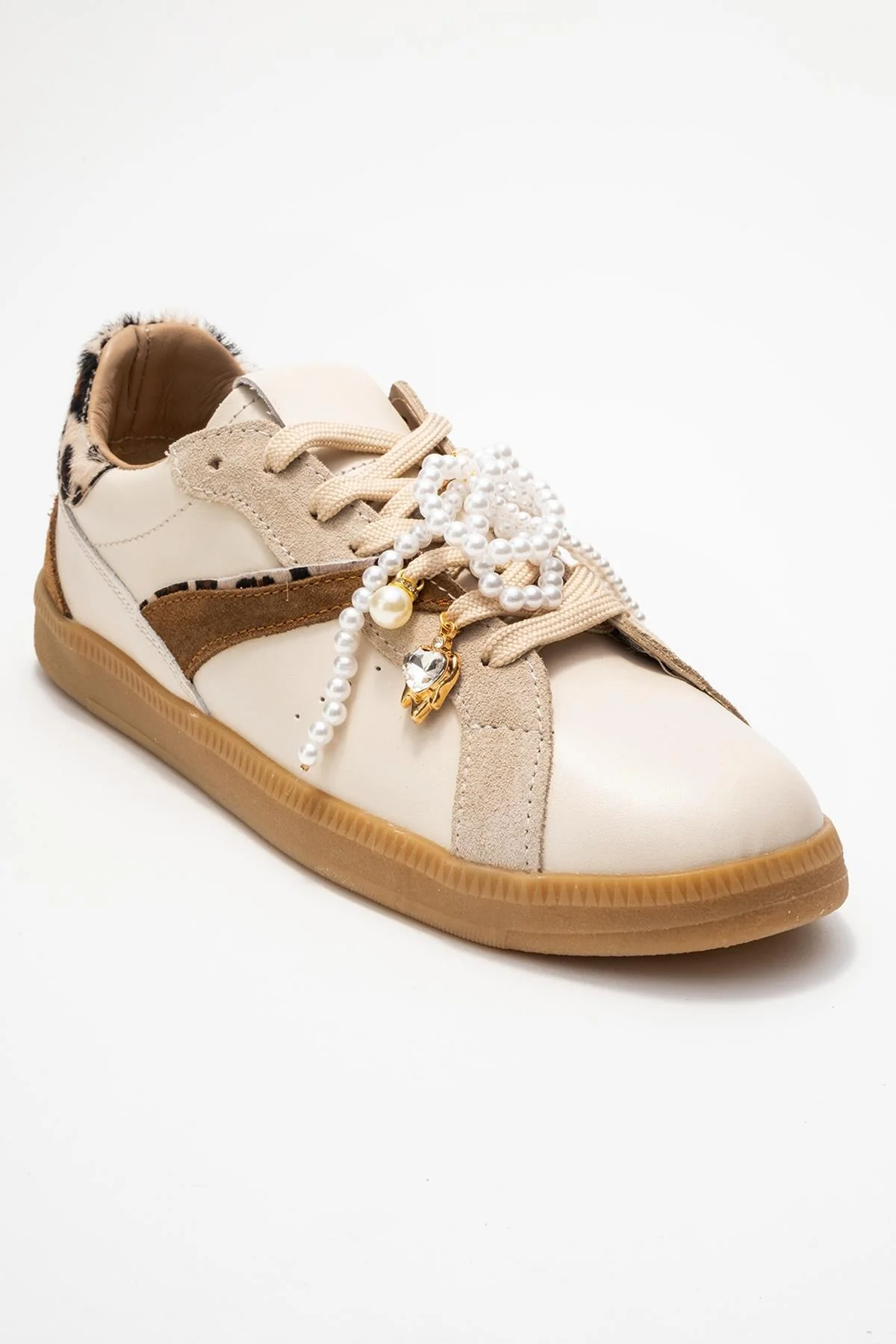 Taren - Beige Genuine Leather Pearl Buckle Casual Sneaker (Women) - Image 3