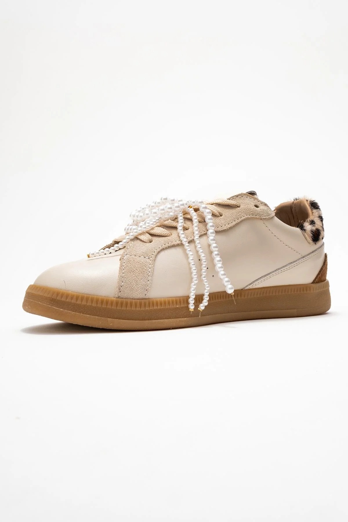 Taren - Beige Genuine Leather Pearl Buckle Casual Sneaker (Women) - Image 4