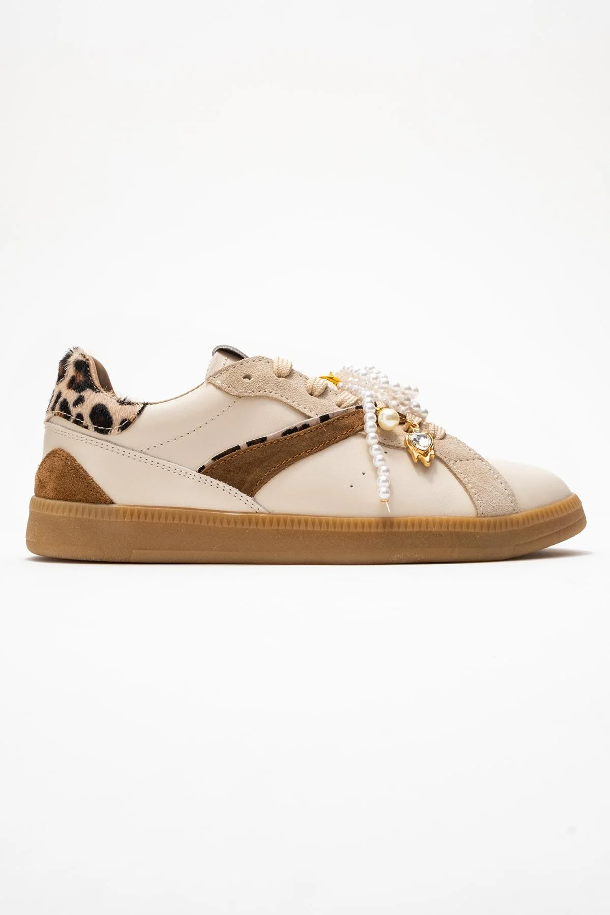 Taren - Beige Genuine Leather Pearl Buckle Casual Sneaker (Women) - Image 6