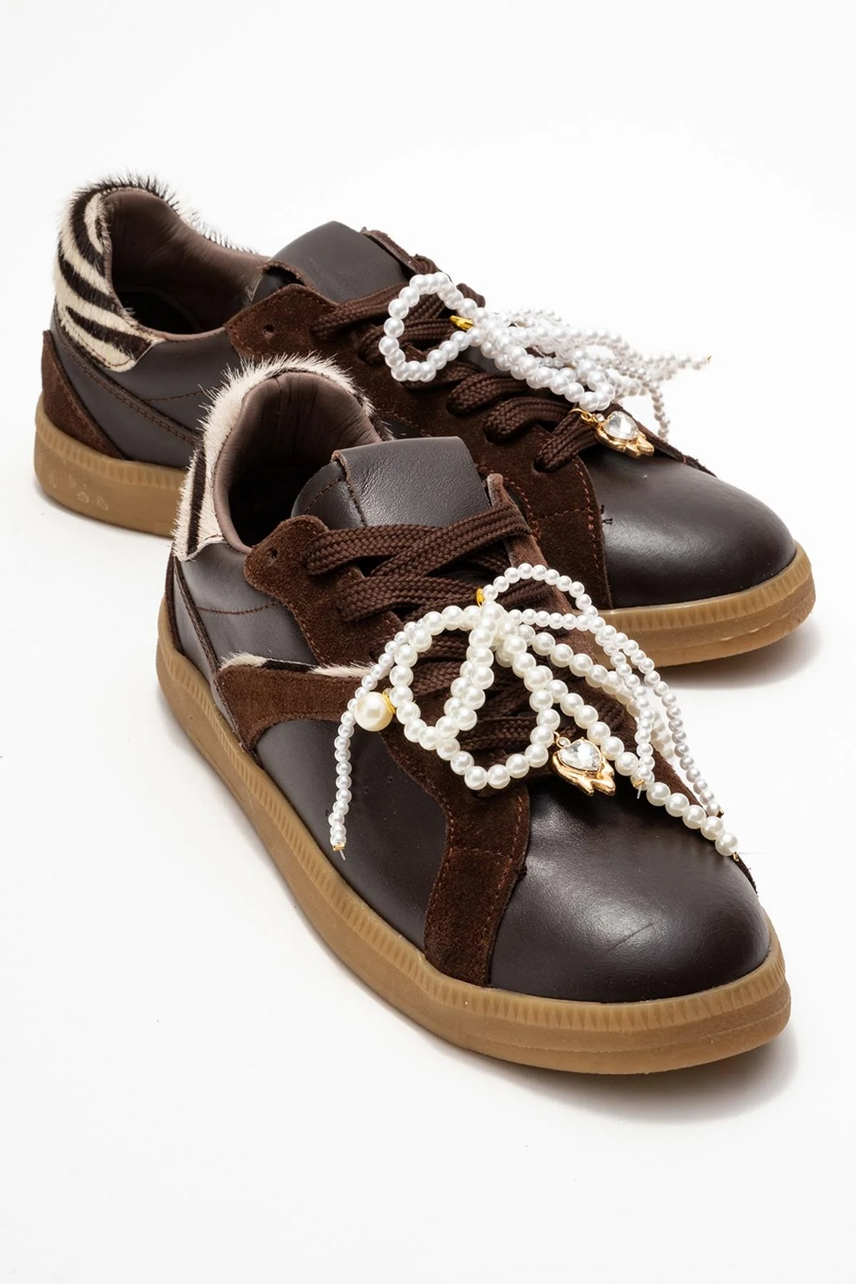 Taren - Brown Genuine Leather Pearl Buckle Casual Sneaker (Women)