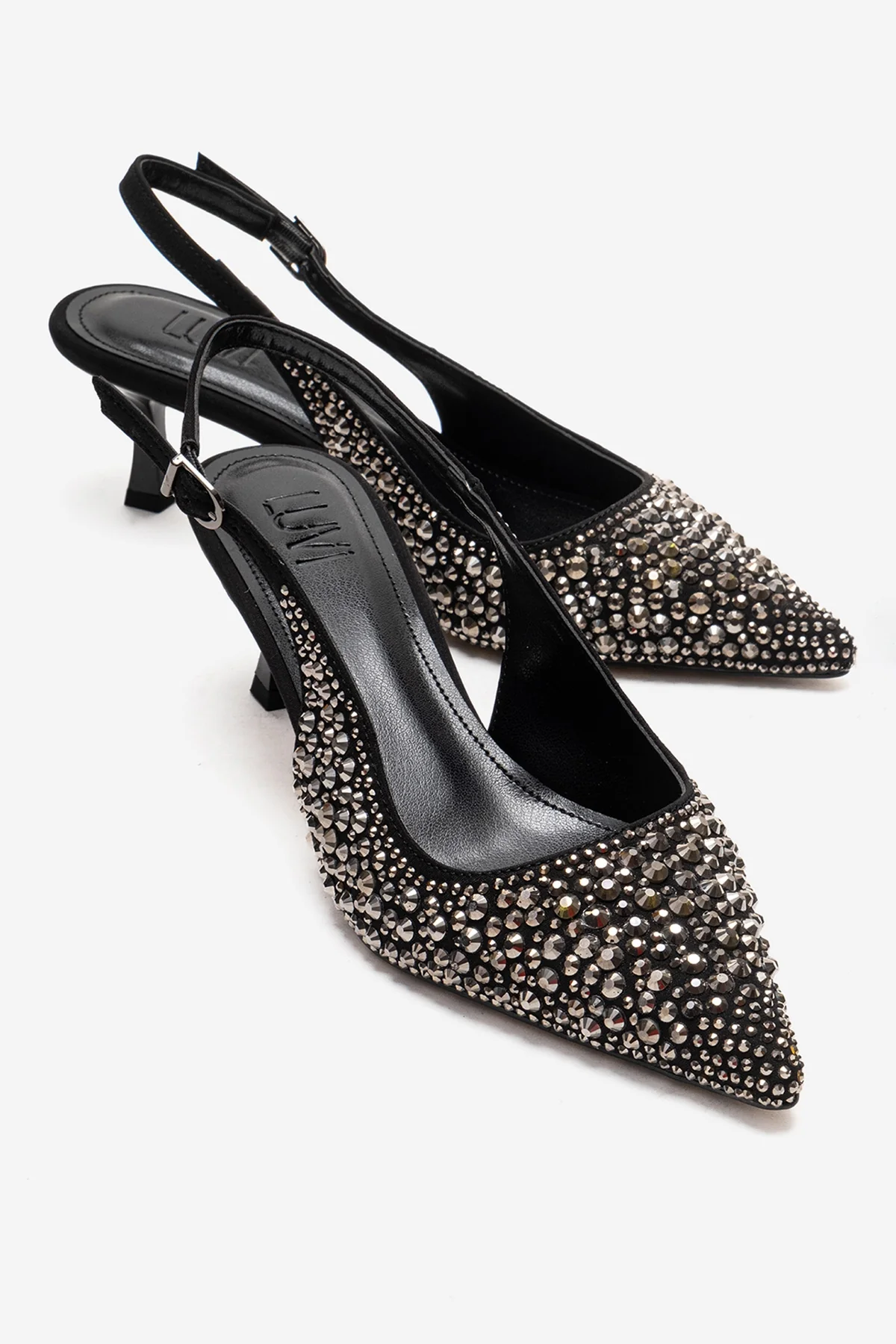 THEA - Black Genuine Leather Platinum-Crystal-Embellished Kitten Heel (Women)