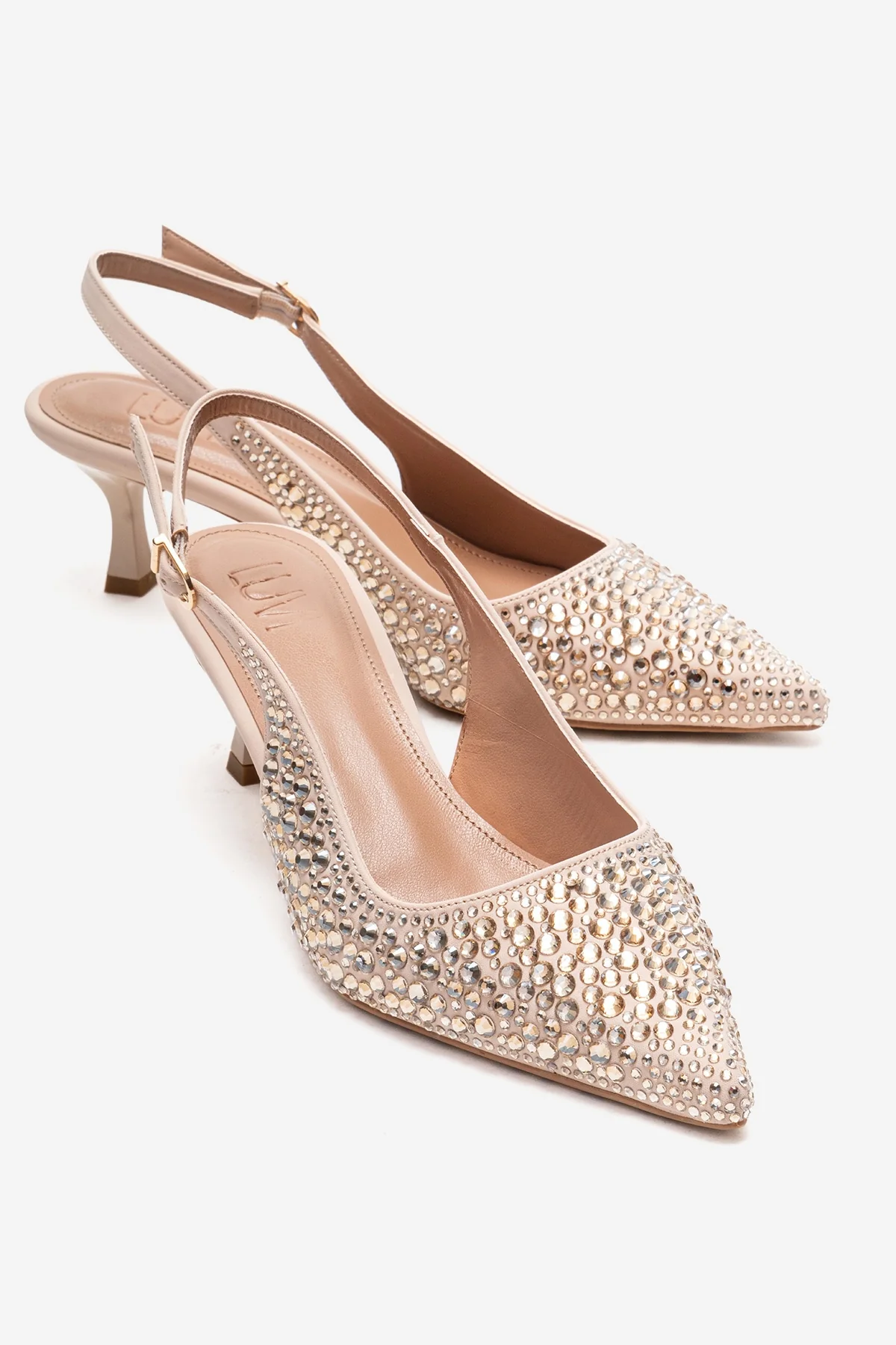THEA - Nude Genuine Leather Gold-Crystal-Embellished Kitten Heel (Women)