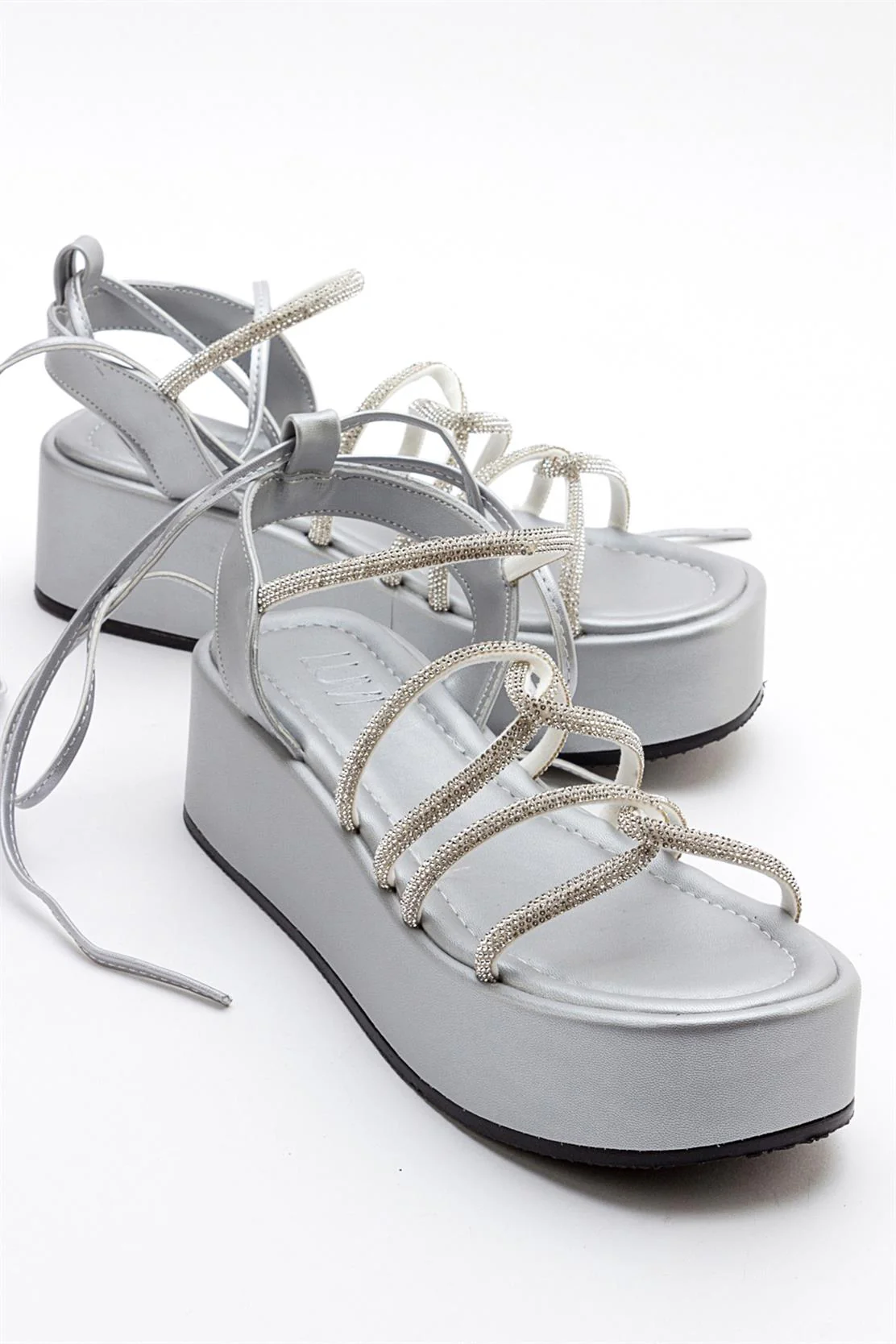 Titan - Gray Stone-Embellished Ankle-Tie Chunky Platform Sandal (Women)