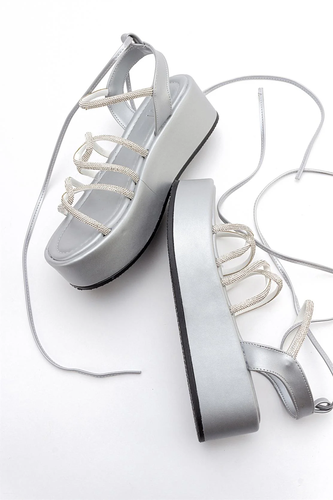 Titan - Gray Stone-Embellished Ankle-Tie Chunky Platform Sandal (Women) - Image 4