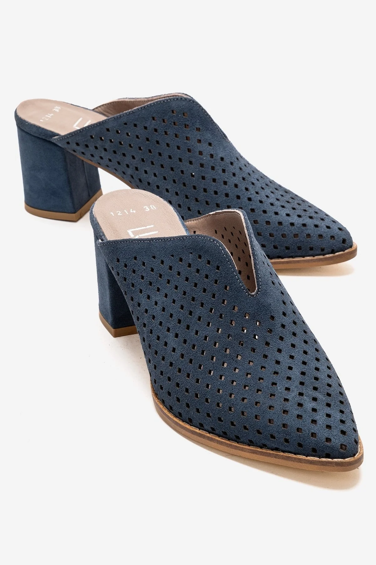 TOEN - Denim Blue Genuine Leather Block Heel Mule (Women)