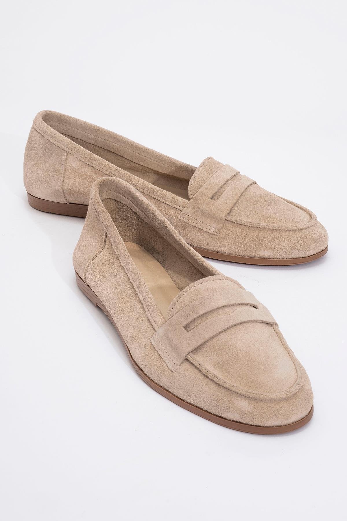 Tory - Beige Suede Genuine Leather Loafer Shoe (Women)