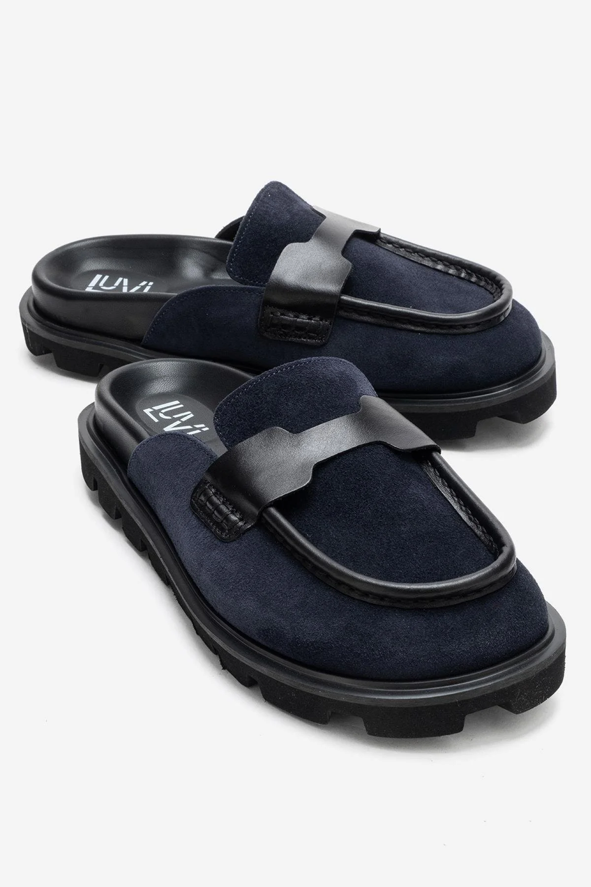 VELA - Navy Genuine Suede Leather Low Heel Mule (Women)