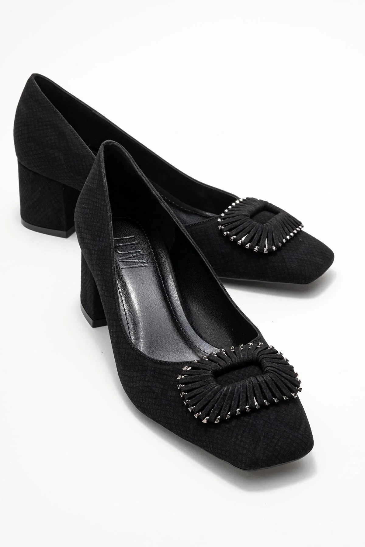 Velora - Black Patterned Buckled Block Heel Shoe (Women)