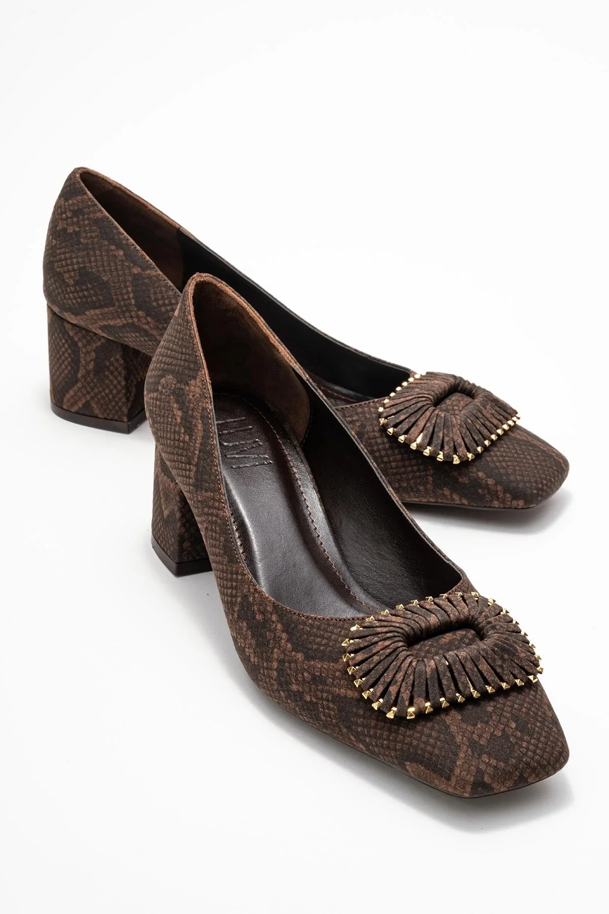 Velora - Brown Patterned Buckled Block Heel Shoe (Women)