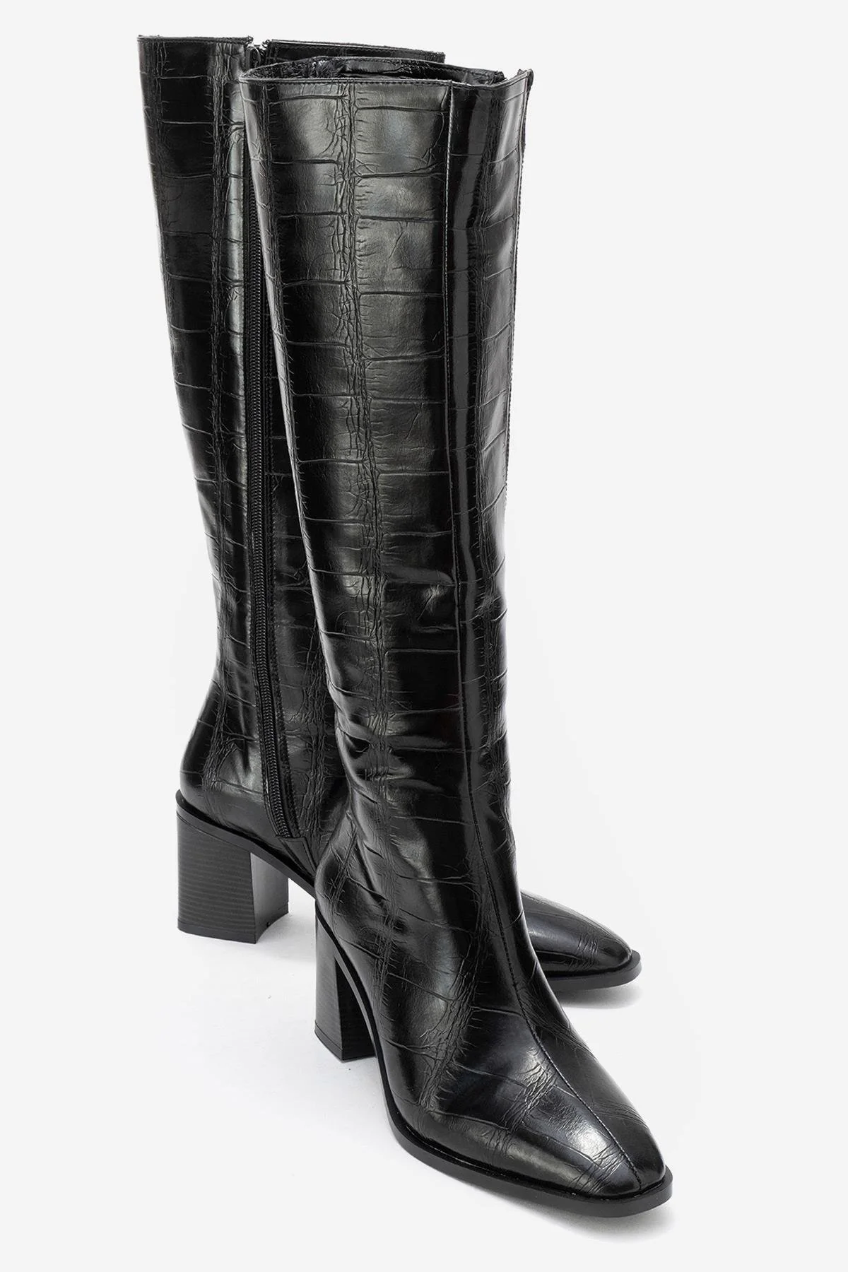 Venia - Black Croco-Effect Knee-High Thick Heel Boot (Women)