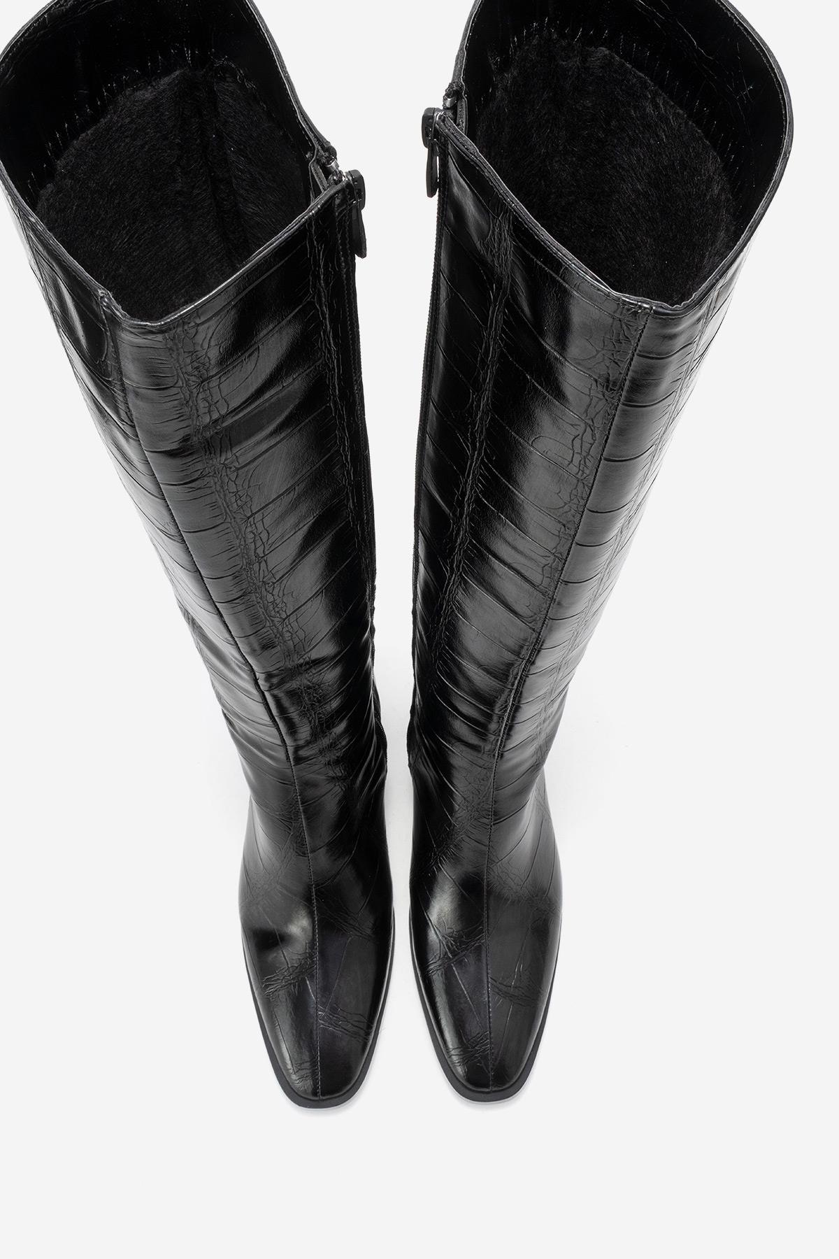 Venia - Black Croco-Effect Knee-High Thick Heel Boot (Women) - Image 2