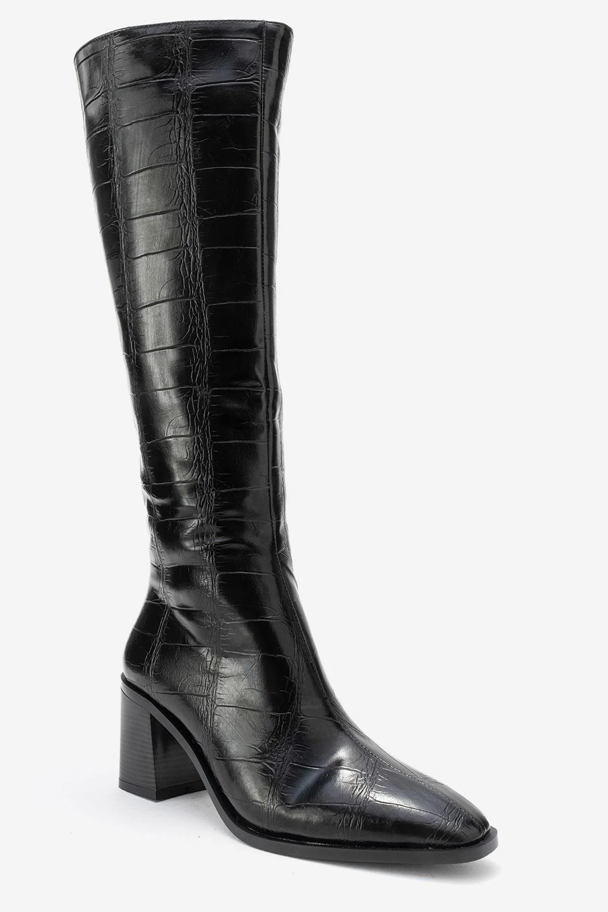 Venia - Black Croco-Effect Knee-High Thick Heel Boot (Women) - Image 3