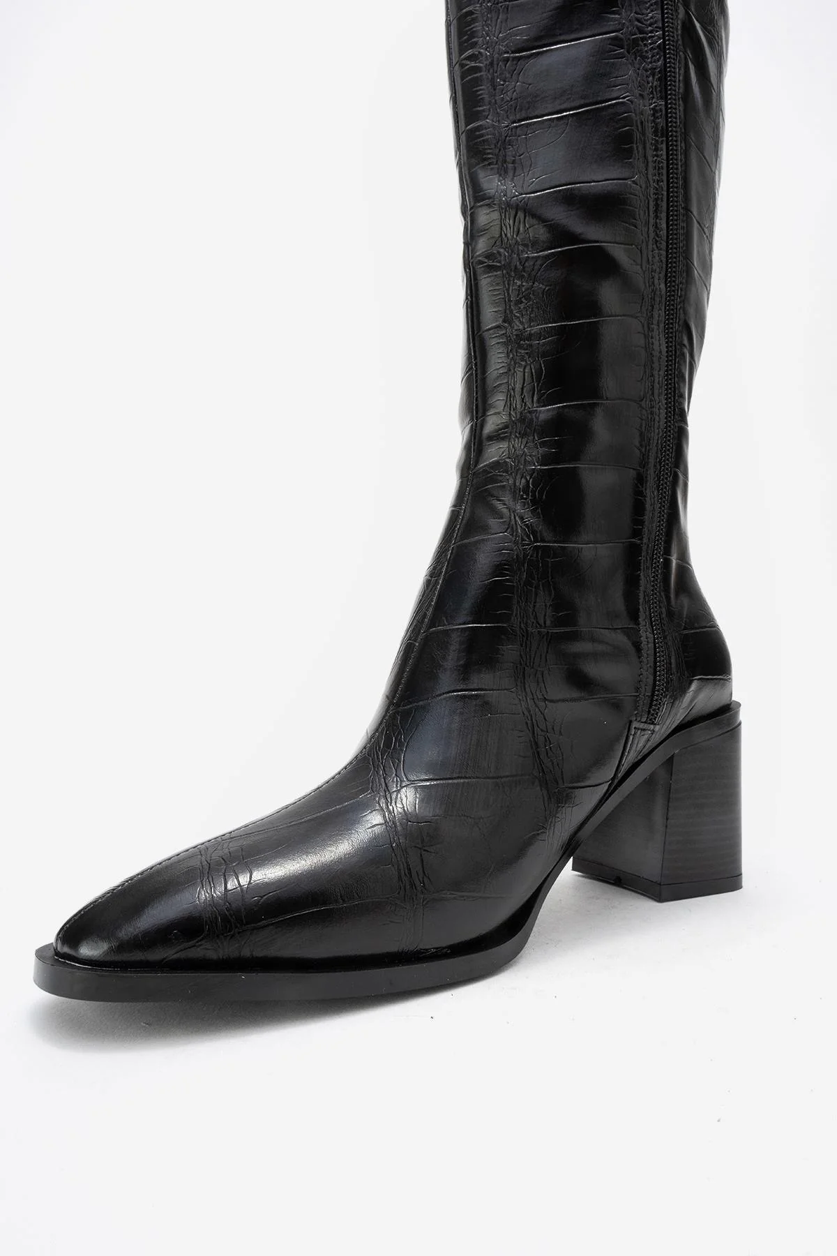 Venia - Black Croco-Effect Knee-High Thick Heel Boot (Women) - Image 4