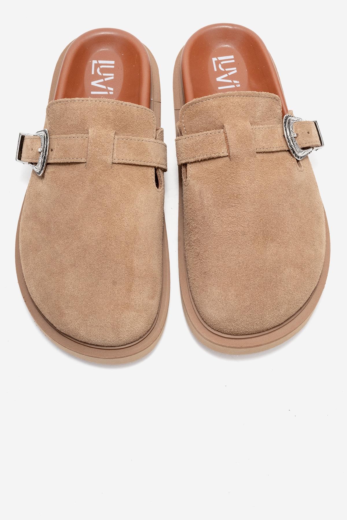 Vesta - Taupe Suede Buckled Genuine Leather Closed-Toe Mule (Women) - Image 2