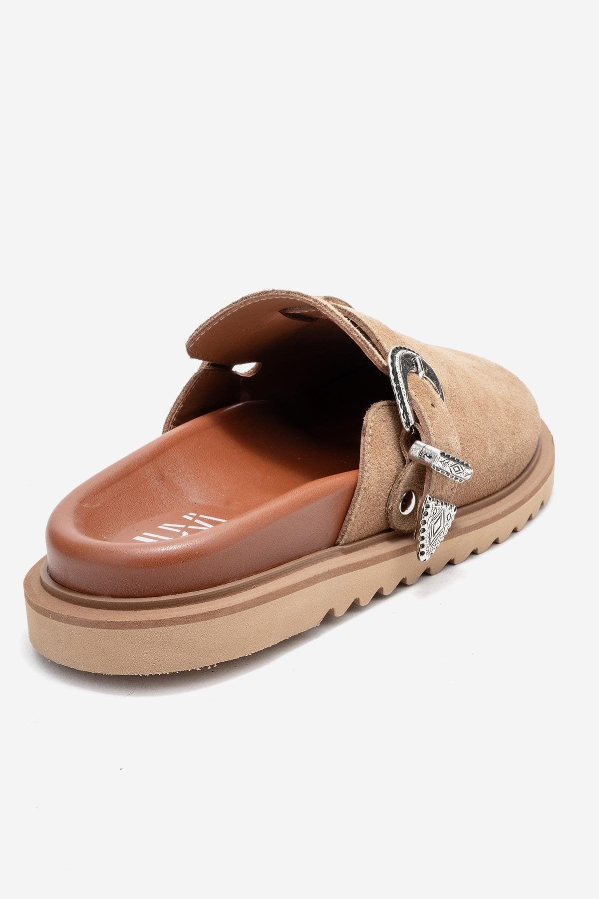 Vesta - Taupe Suede Buckled Genuine Leather Closed-Toe Mule (Women) - Image 5