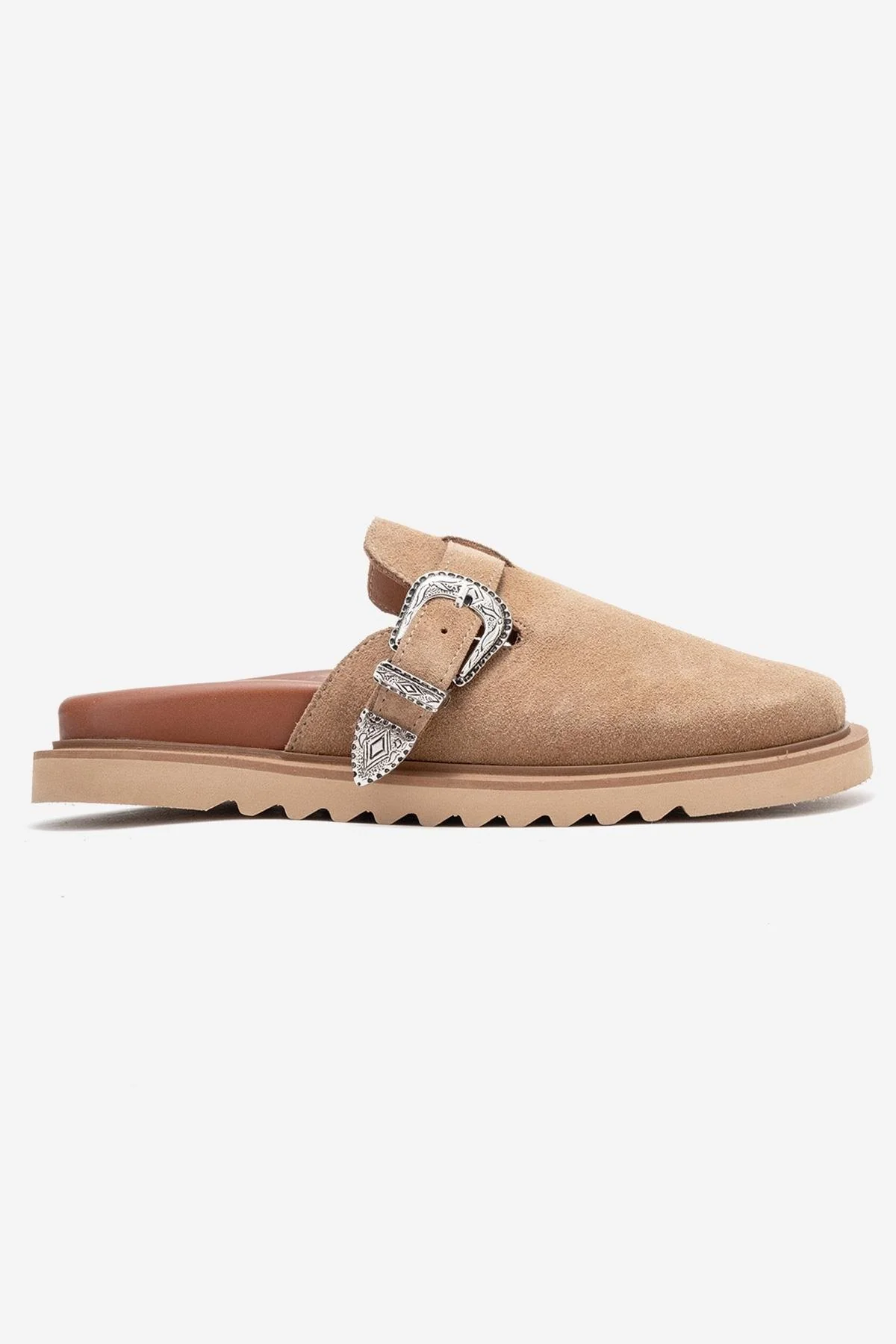 Vesta - Taupe Suede Buckled Genuine Leather Closed-Toe Mule (Women) - Image 6