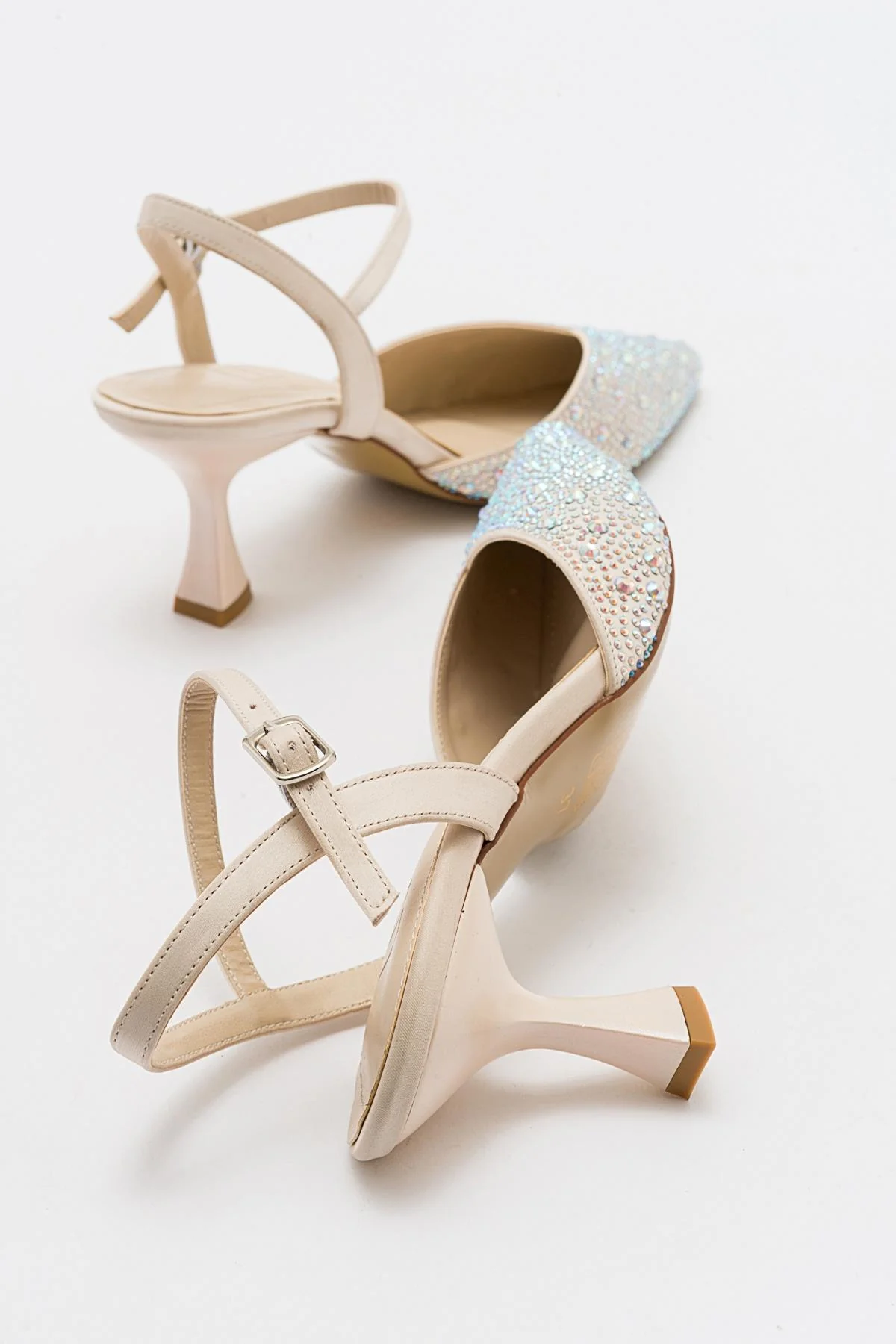 Vilka - Beige Sparkling Slingback Kitten Heels - Image 5