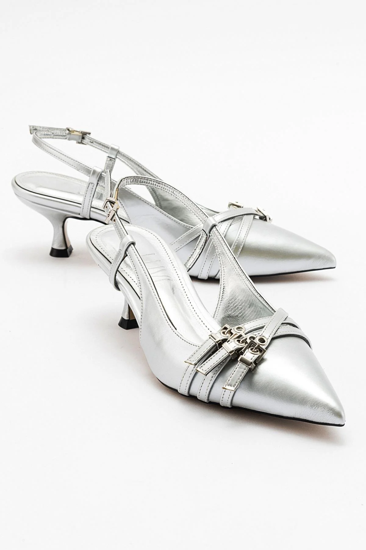 Woss - Silver Leather-Effect Belt Detail Heeled Shoe (Women) - Image 2