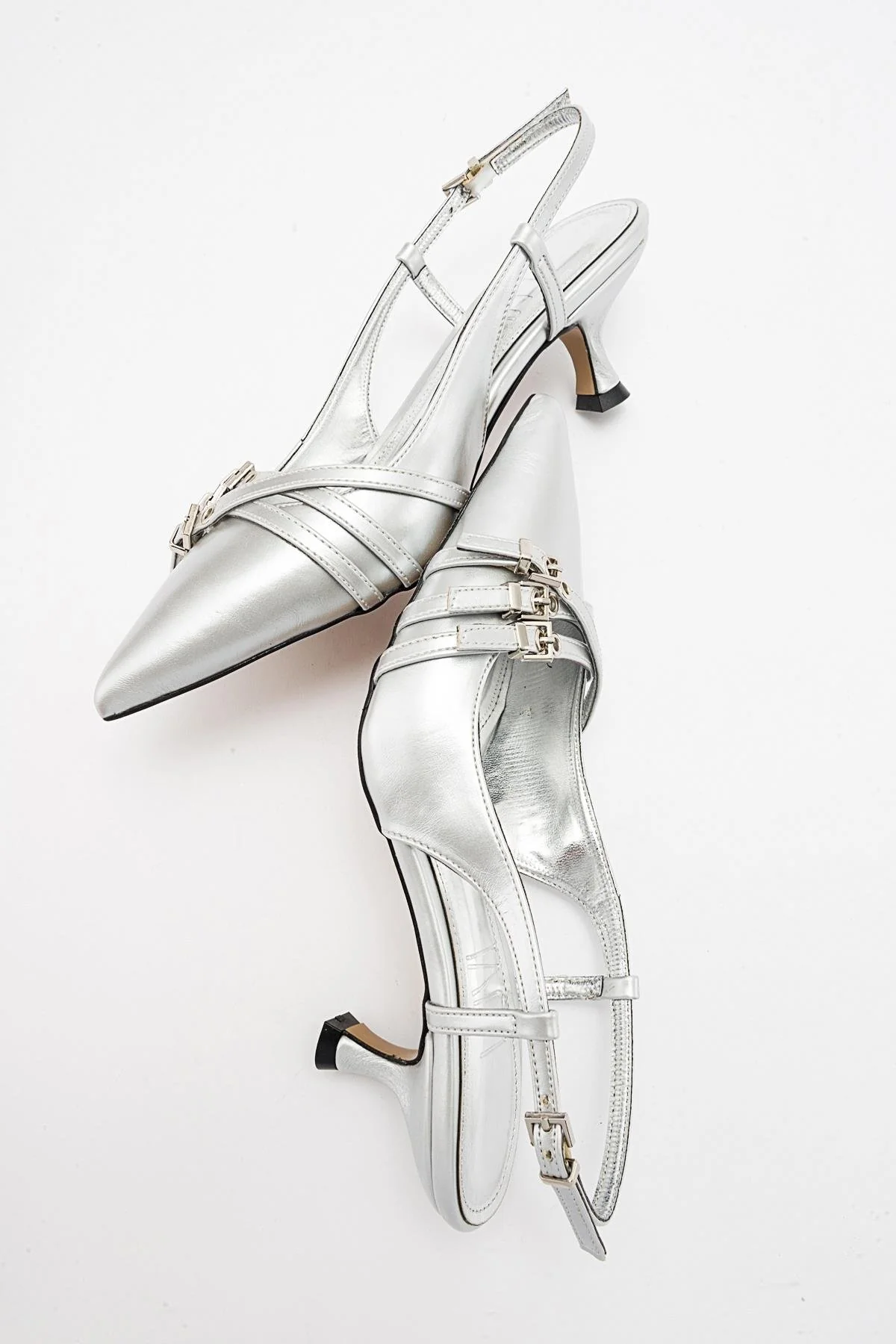 Woss - Silver Leather-Effect Belt Detail Heeled Shoe (Women) - Image 6