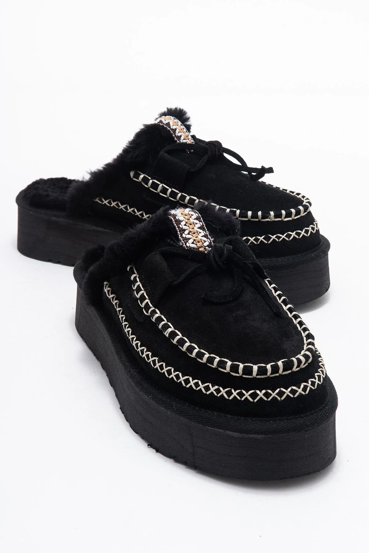 Yalina - Black Genuine Leather Platform Moccasin Slipper (Women)