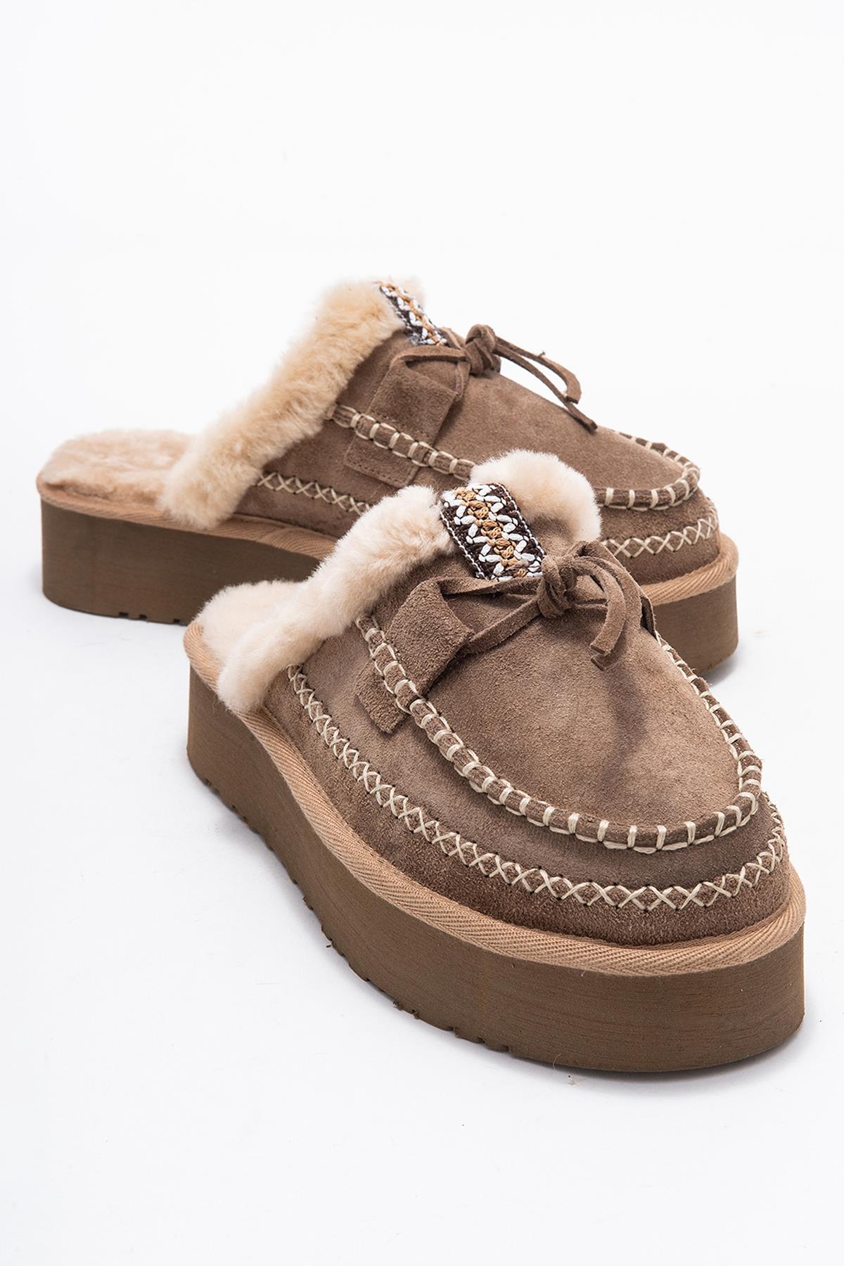 Yalina - Sand Genuine Leather Platform Moccasin Slipper (Women)