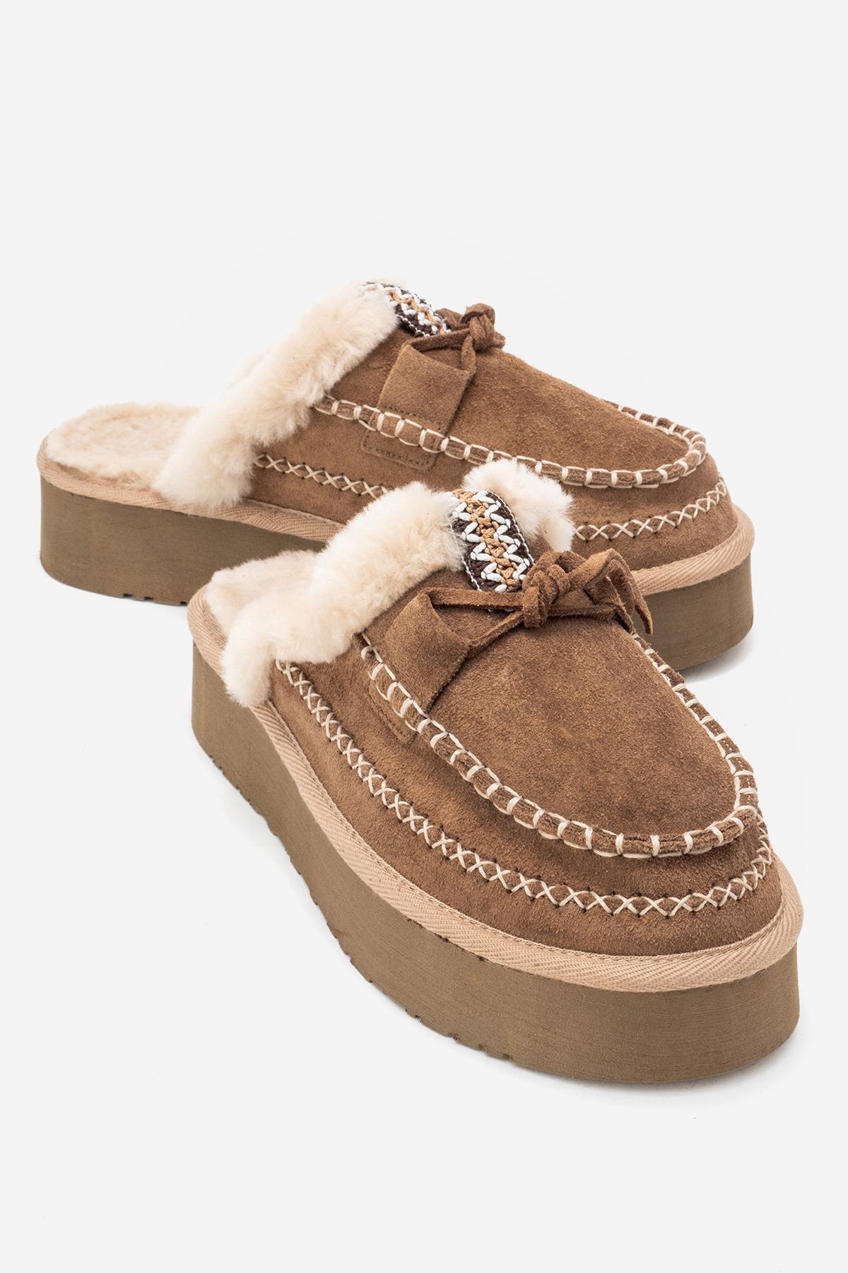 YALINA - Taupe Suede Genuine Leather Platform Moccasin Slide (Women)